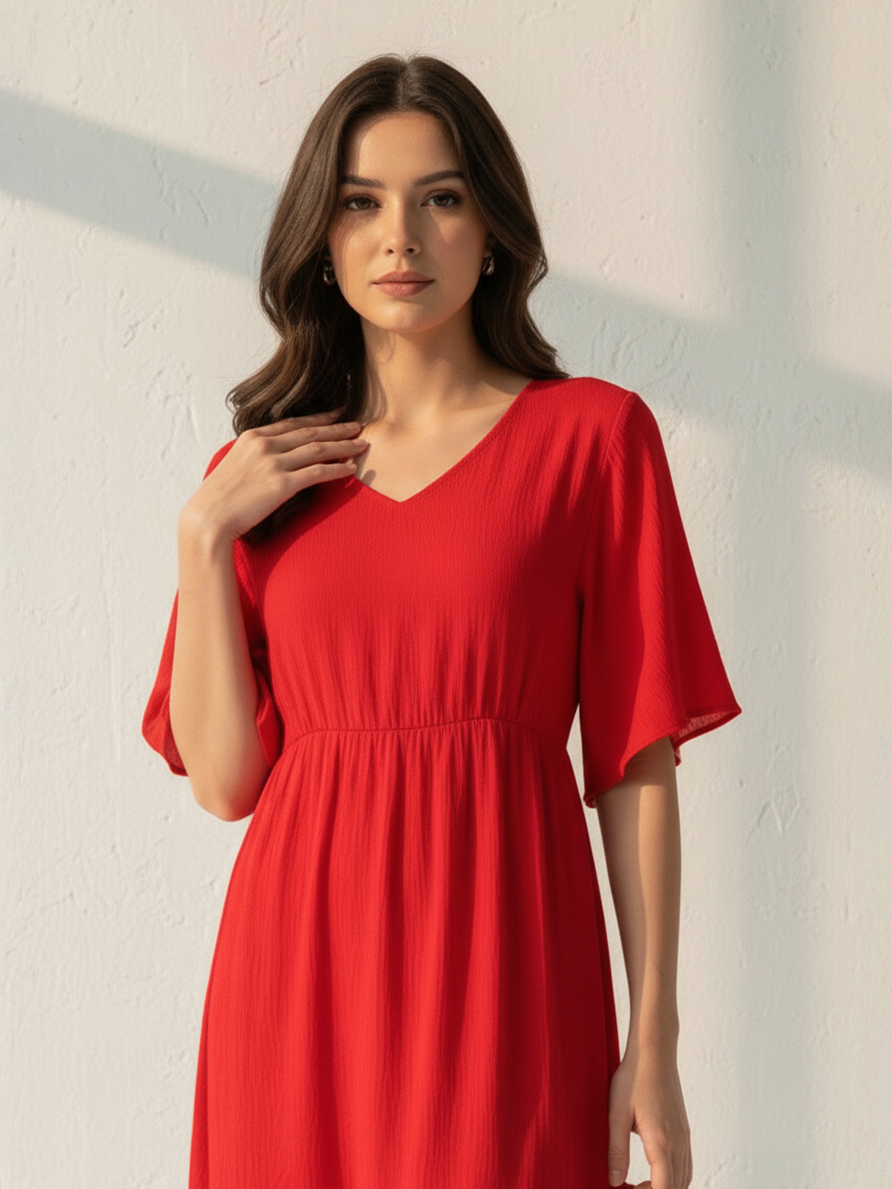 Red Gathered Rayon Wrinkle Short Dress