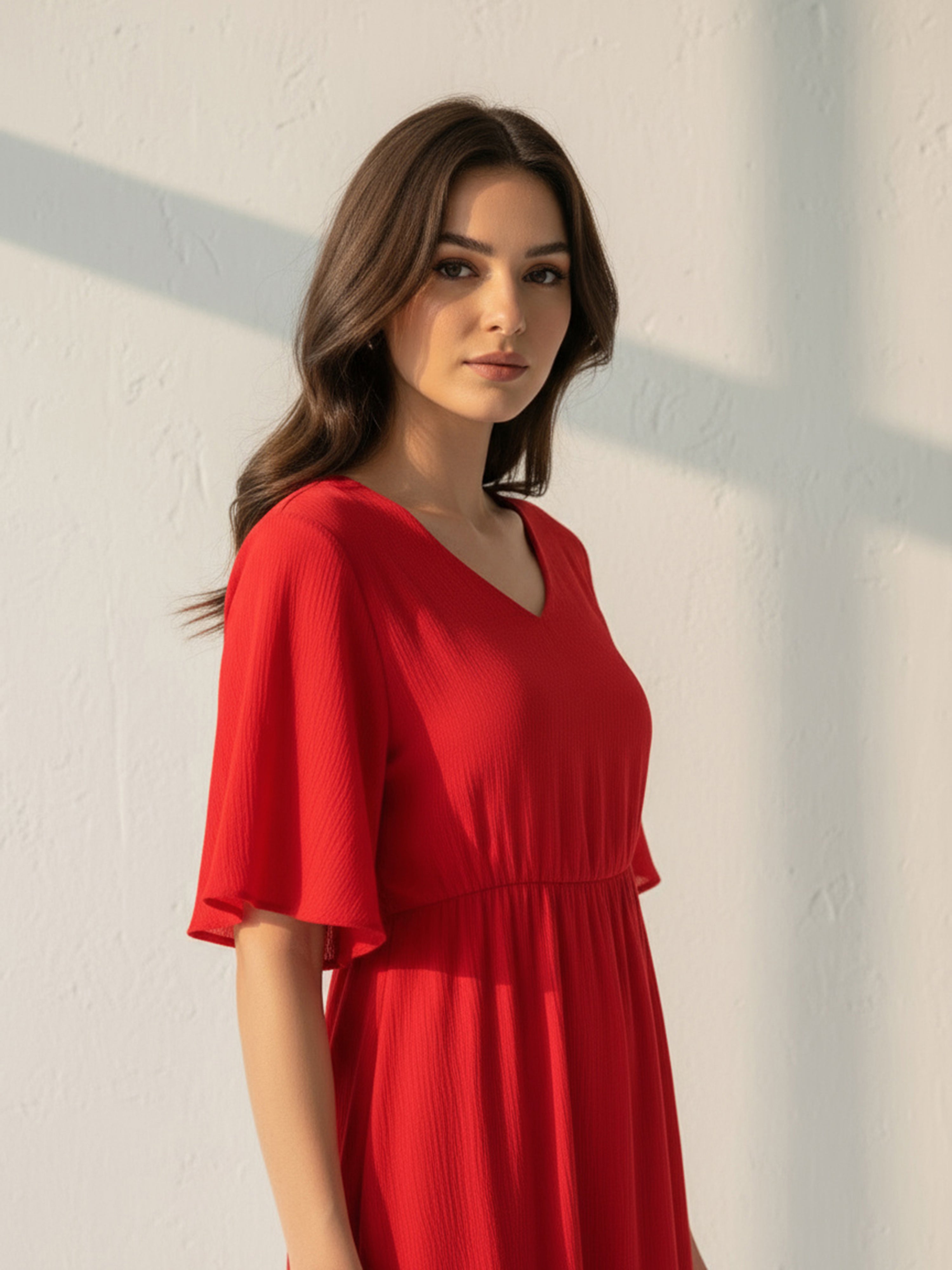 Red Gathered Rayon Wrinkle Short Dress