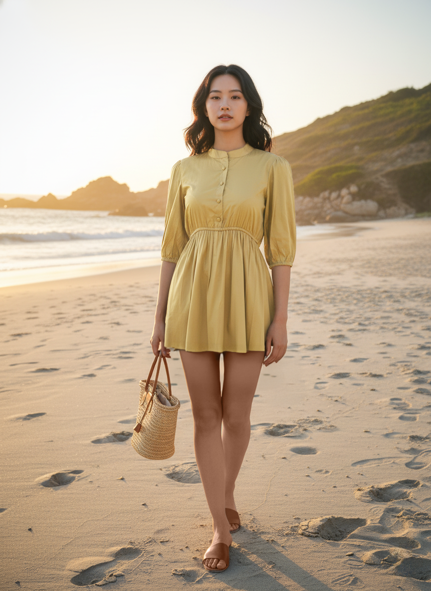 Chikku Poplin Puff Sleeve Short Dress for Women