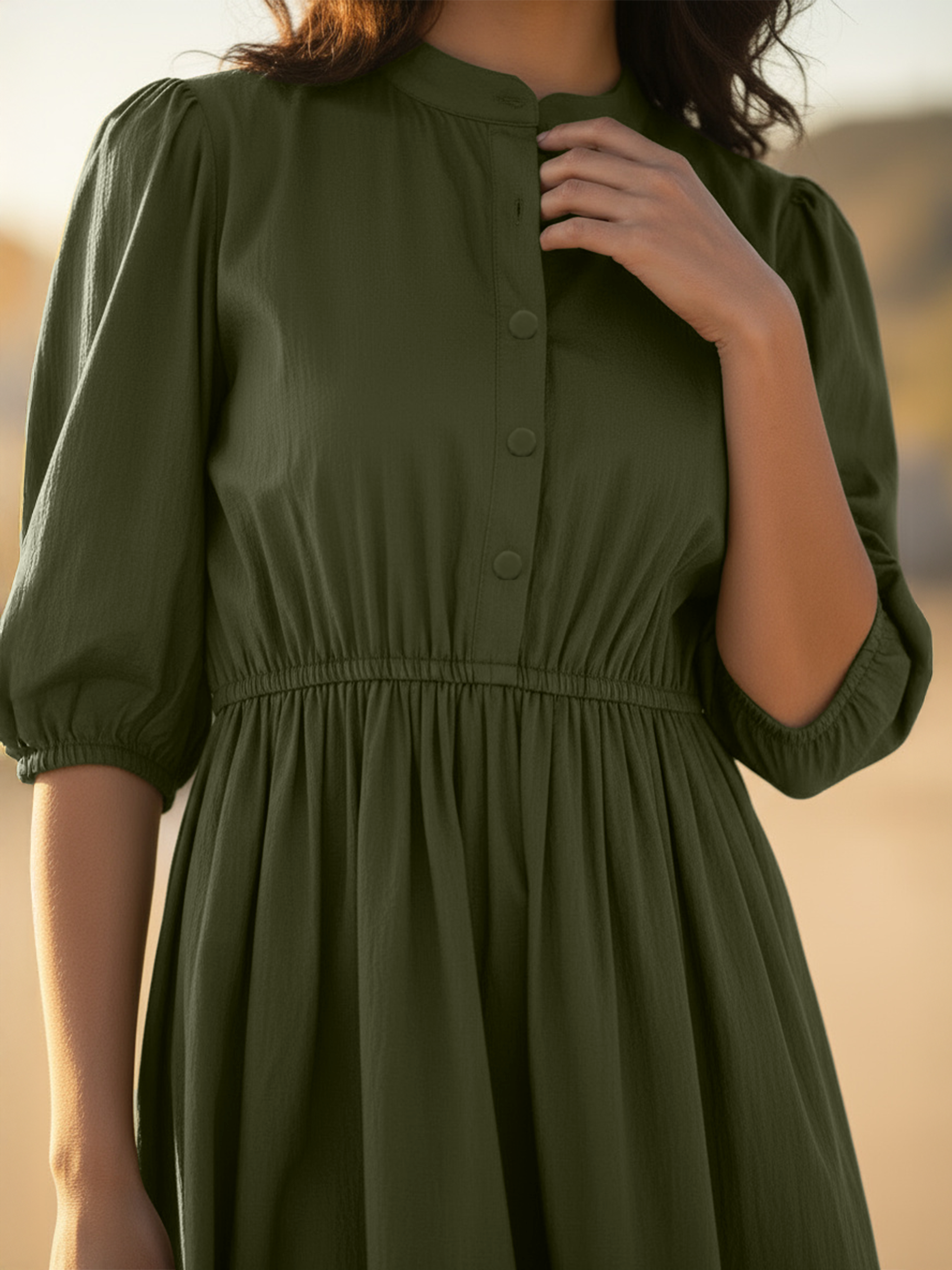 Mehandi Poplin High Neck Plain Short Dress