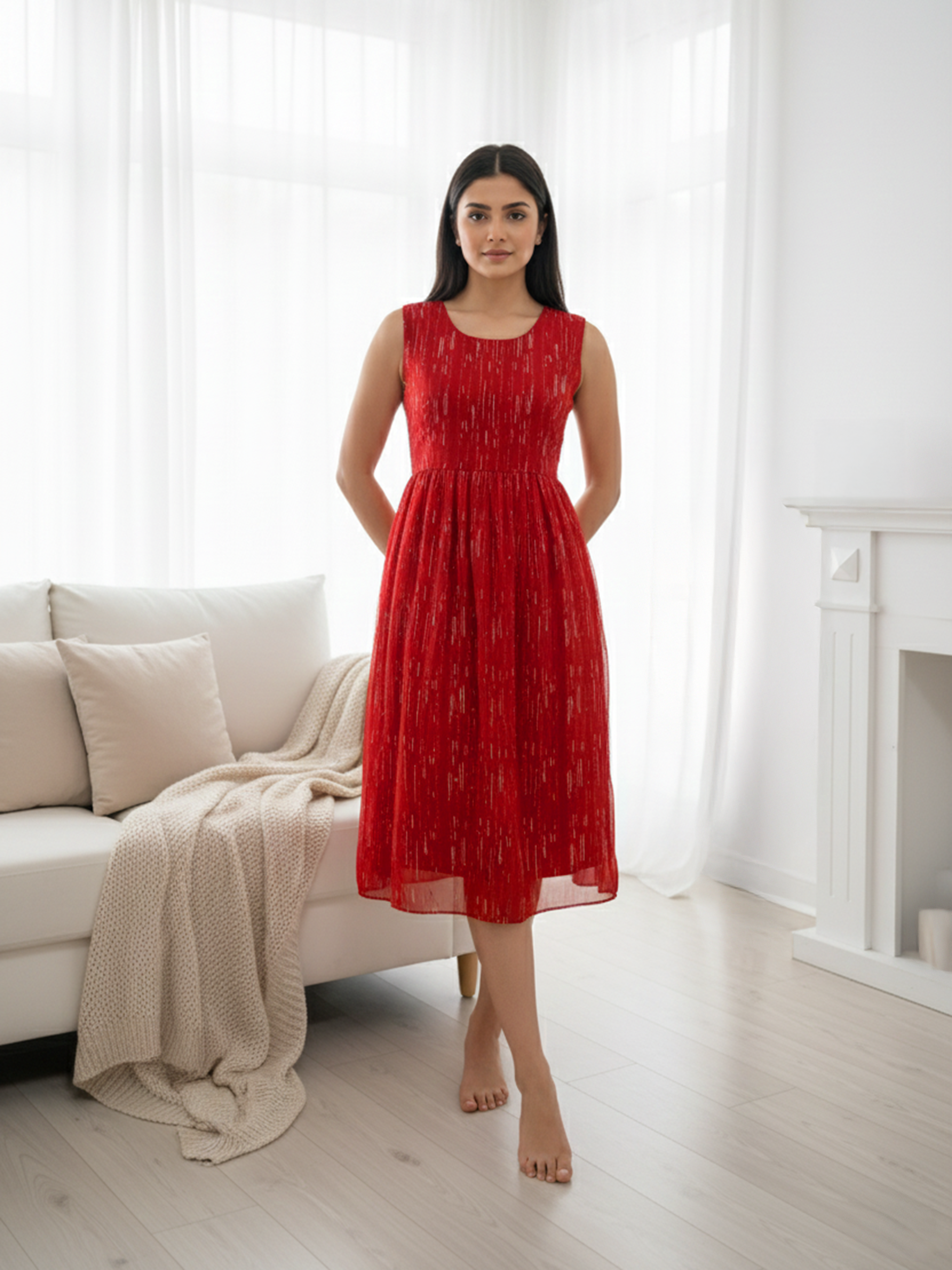 Red Dresses With White Threaded Stripe Drops