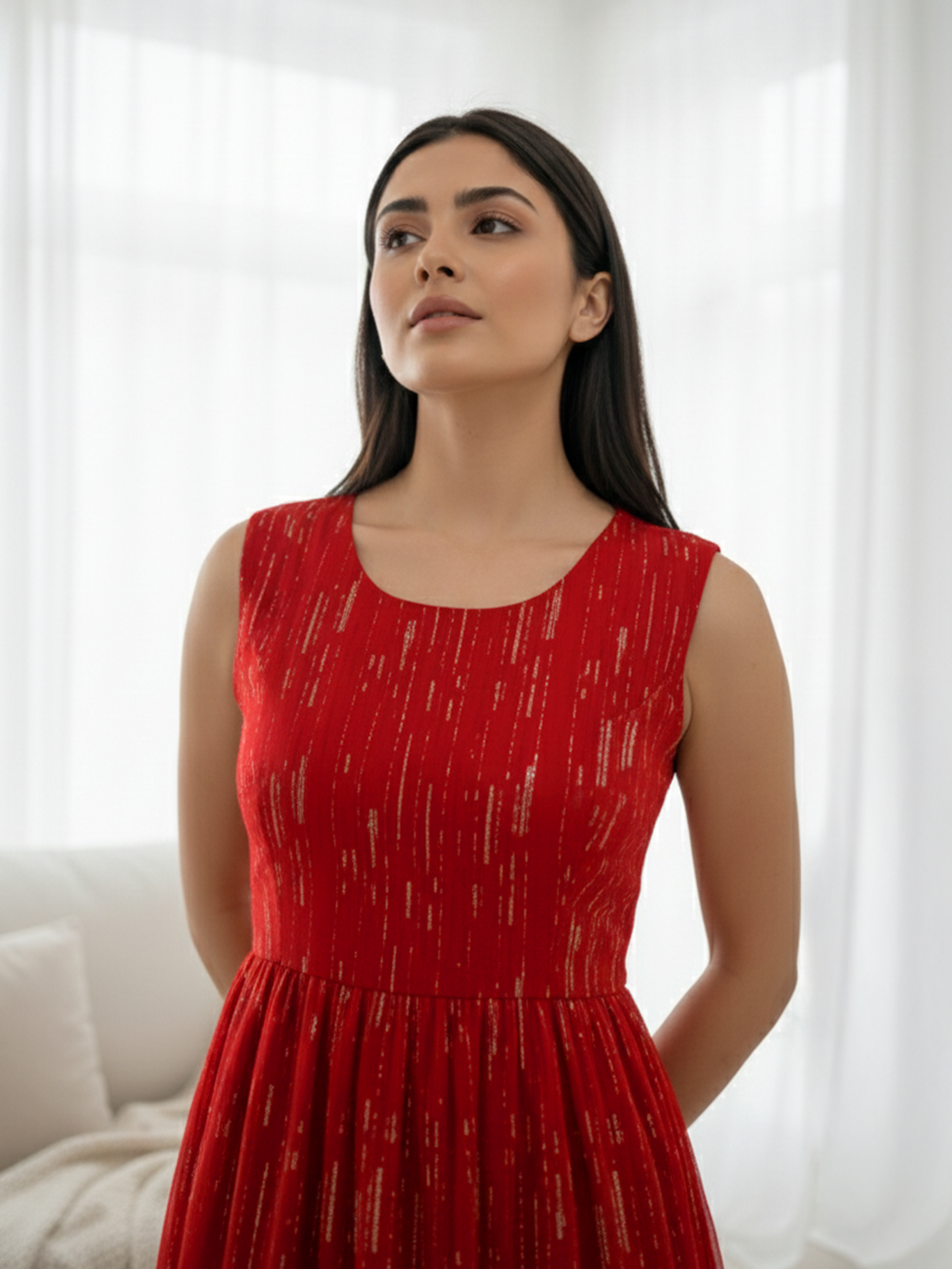 Red Dresses With White Threaded Stripe Drops