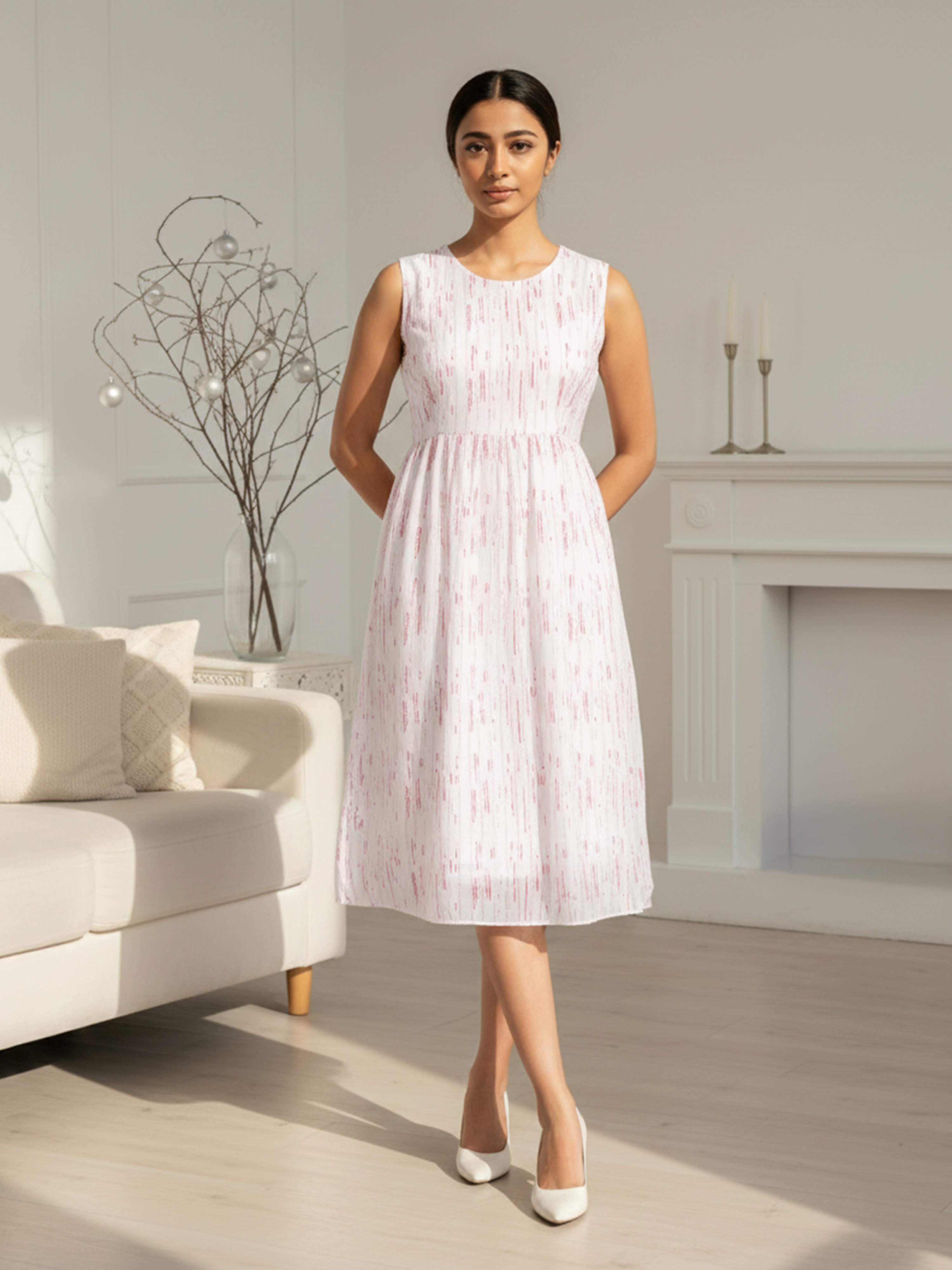 white Dresses With Red Threaded Stripe Drops