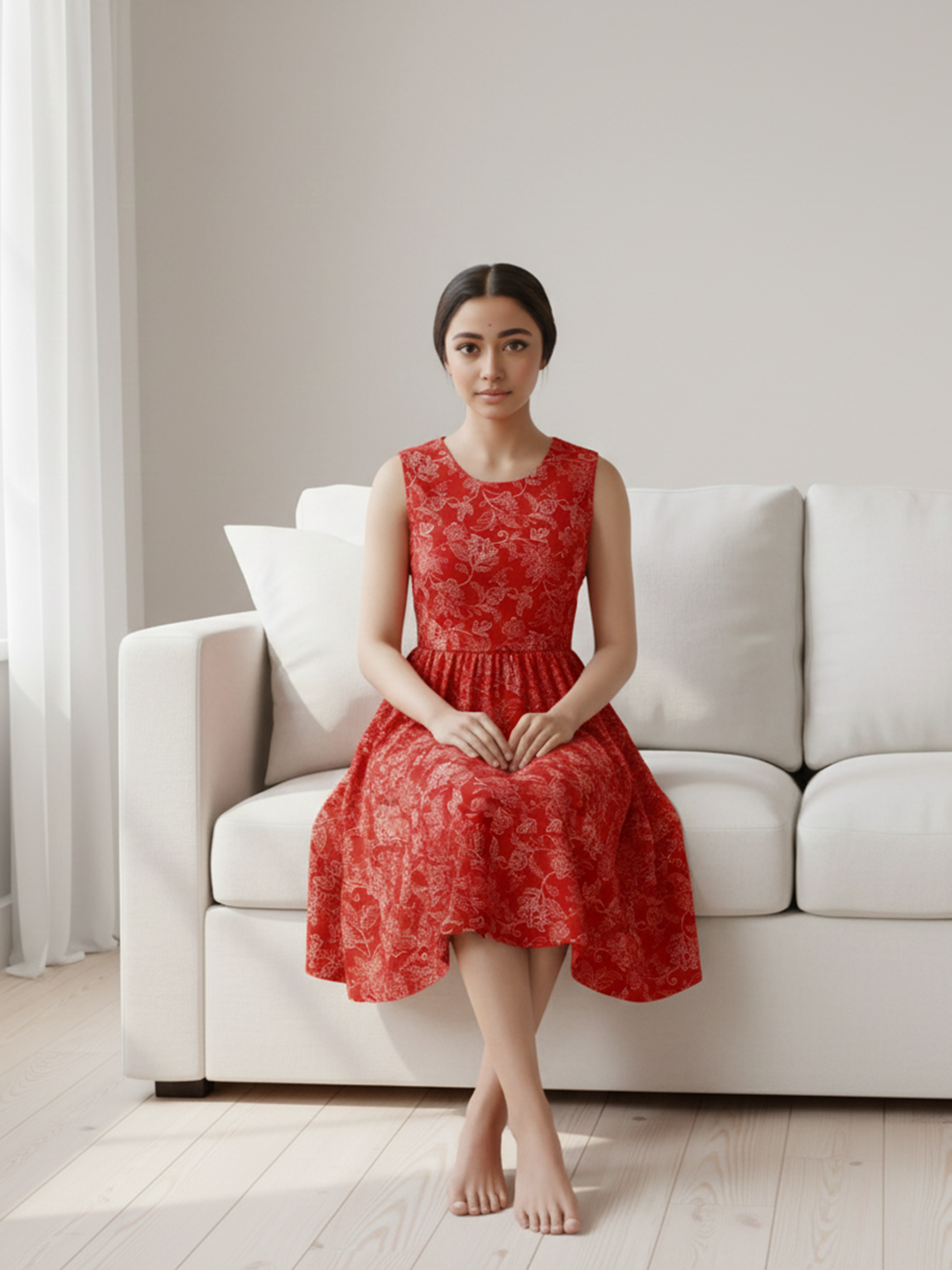 Women's Red Sleeveless Dress with White Floral Design