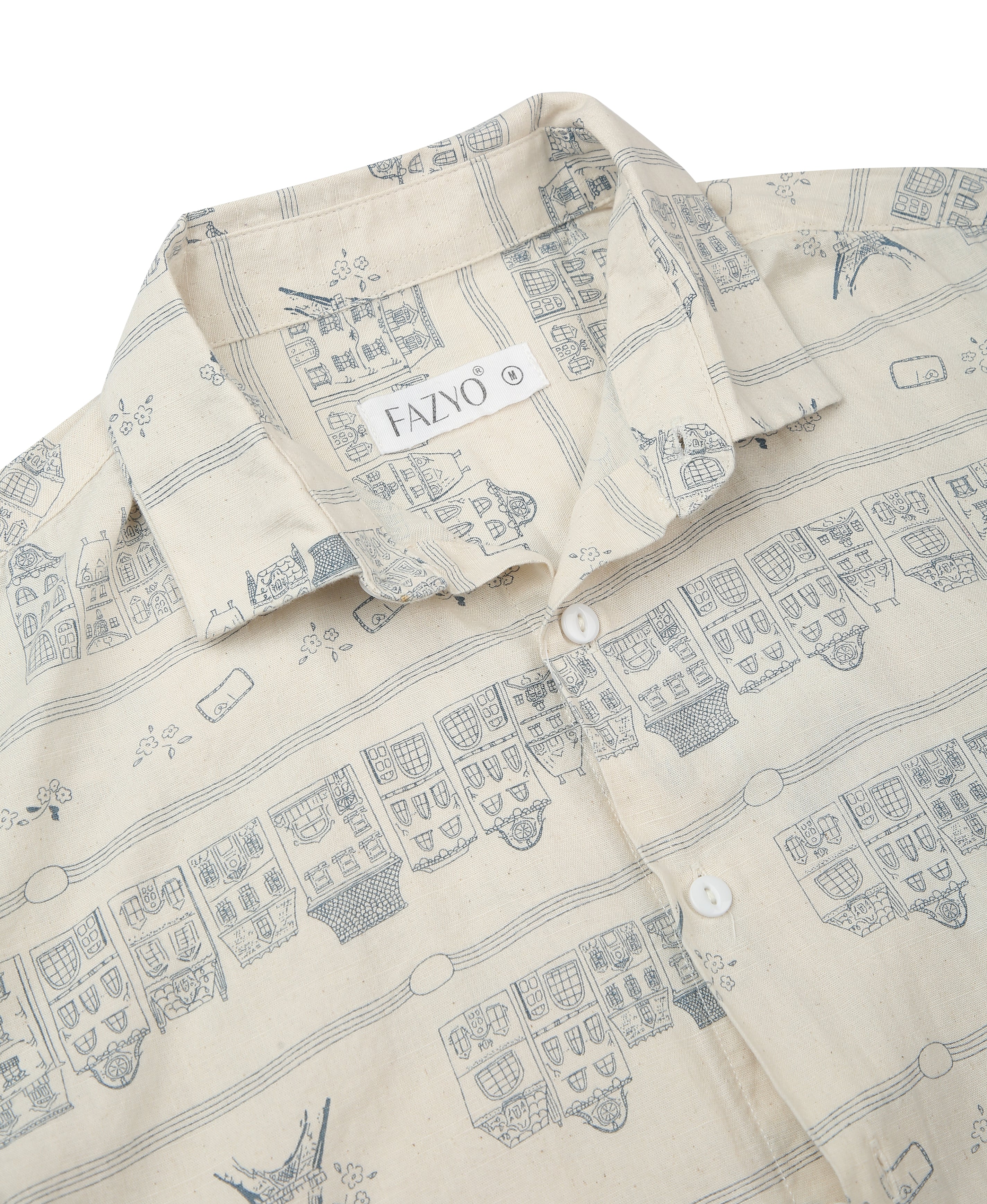 Ivory Linen Print Slim Shirt