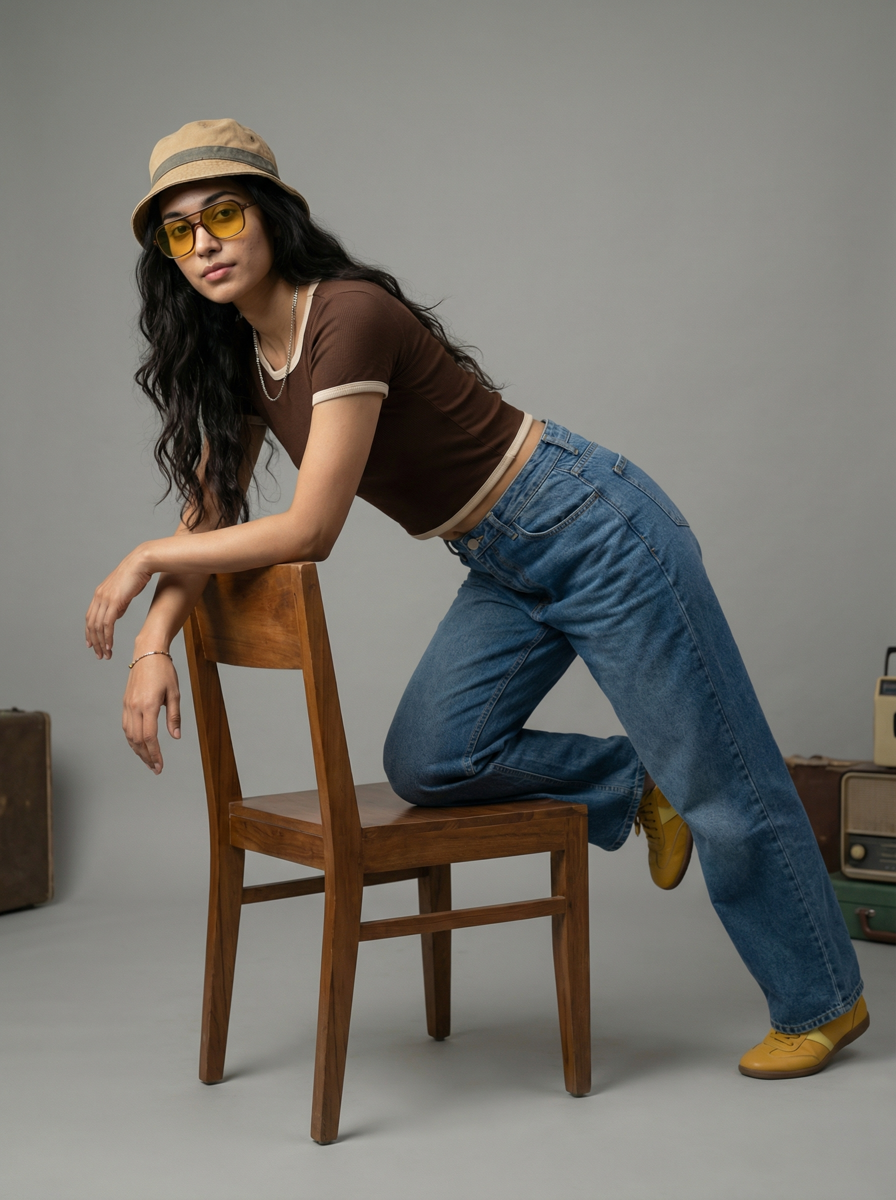 Brown Slim Fit Crew Neck Womens Crop Top