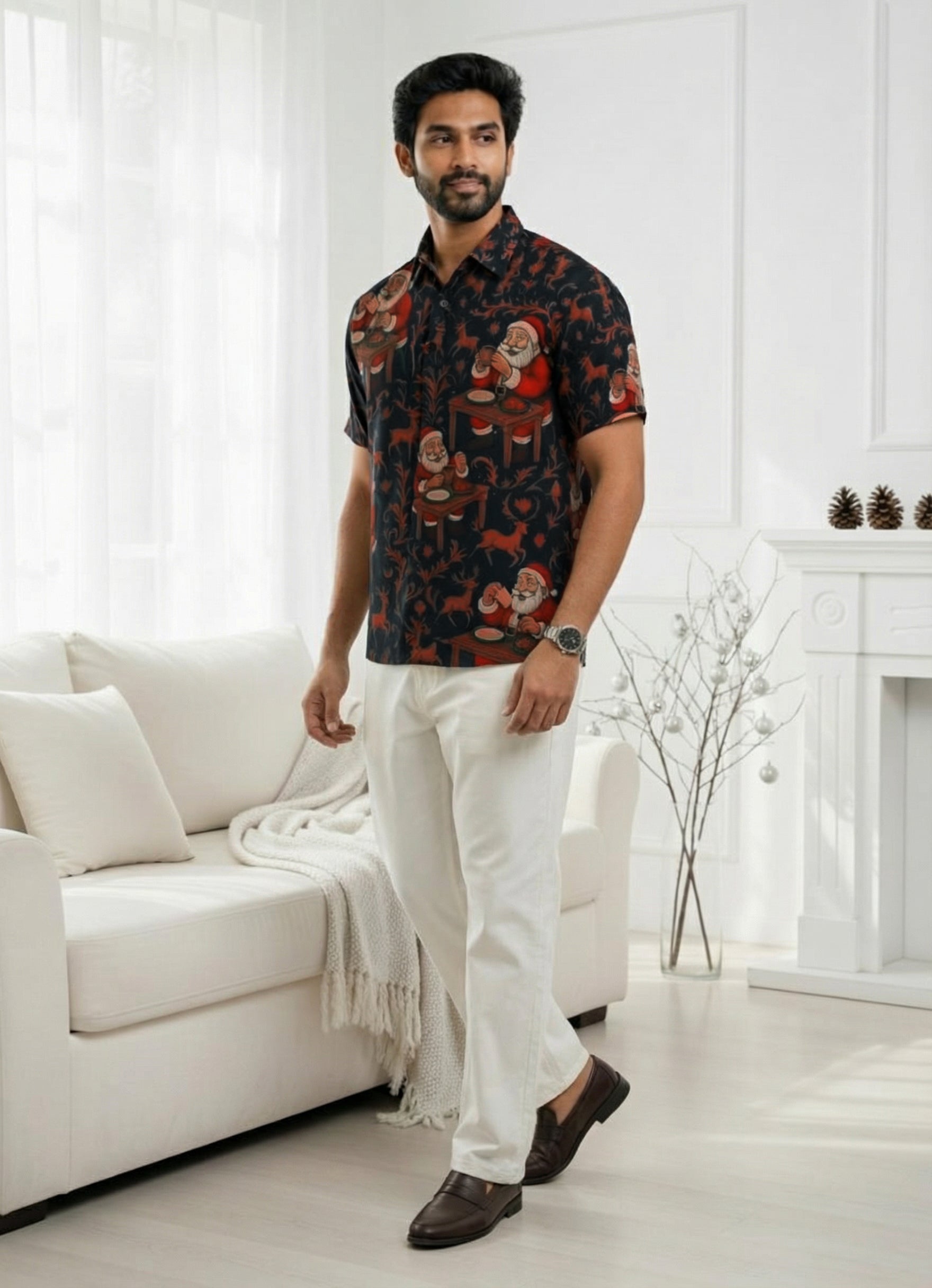 Festive Santa Print Short Sleeve Shirt