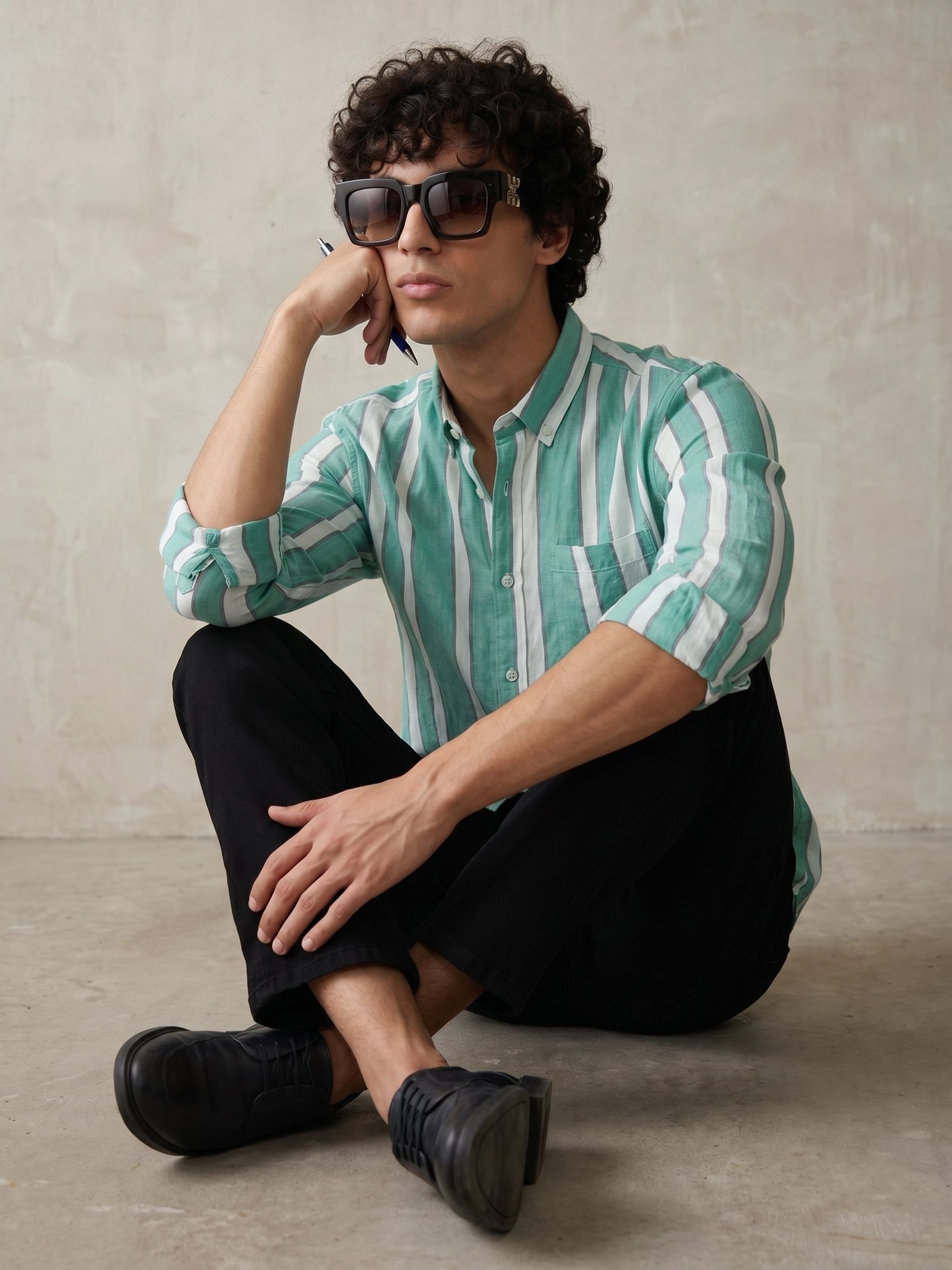 Men's Cotton Twill Green Relaxed Fit Shirt