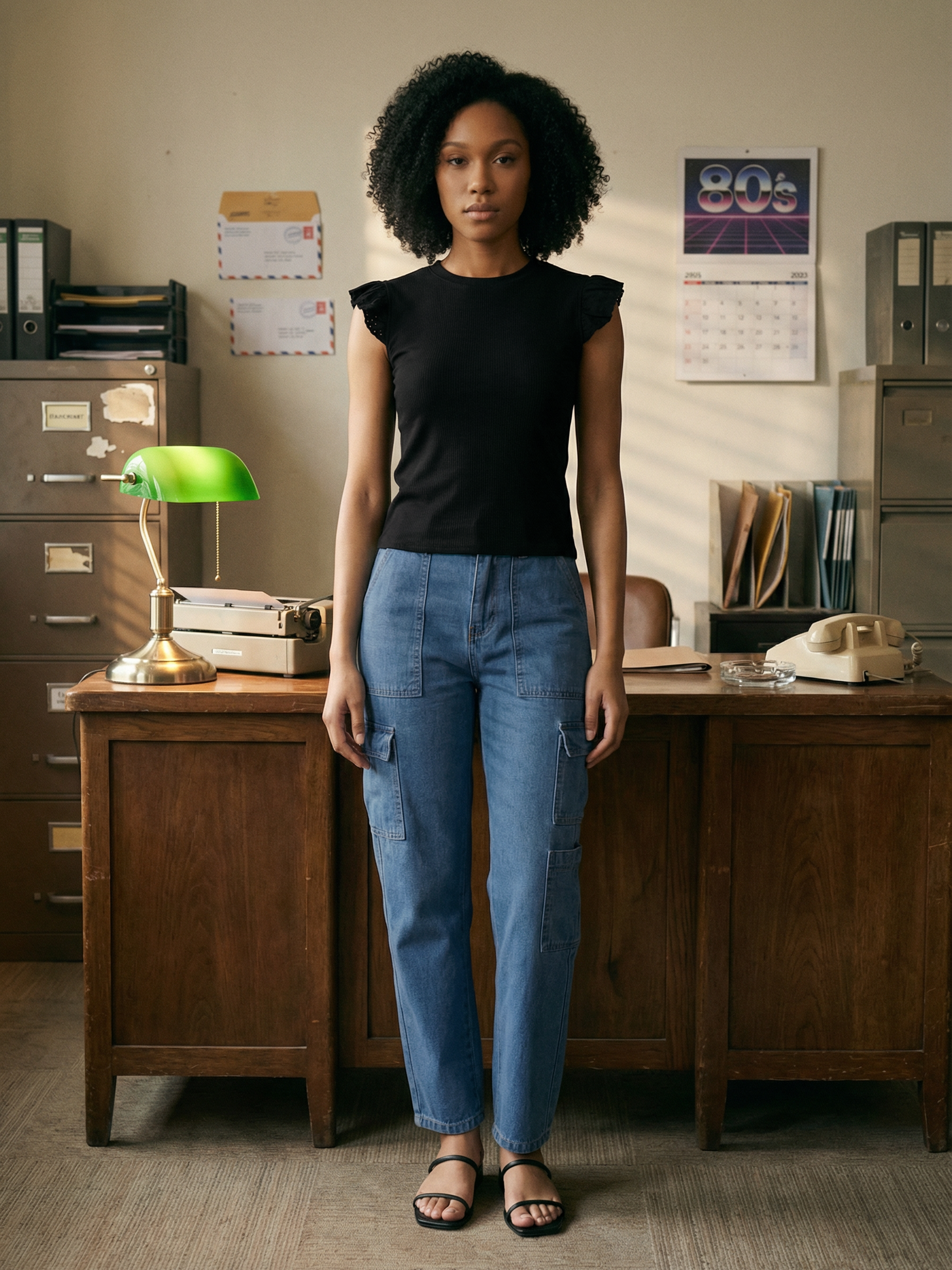 Women's Black Ribbed Cotton Schiffli Top with Round Neck