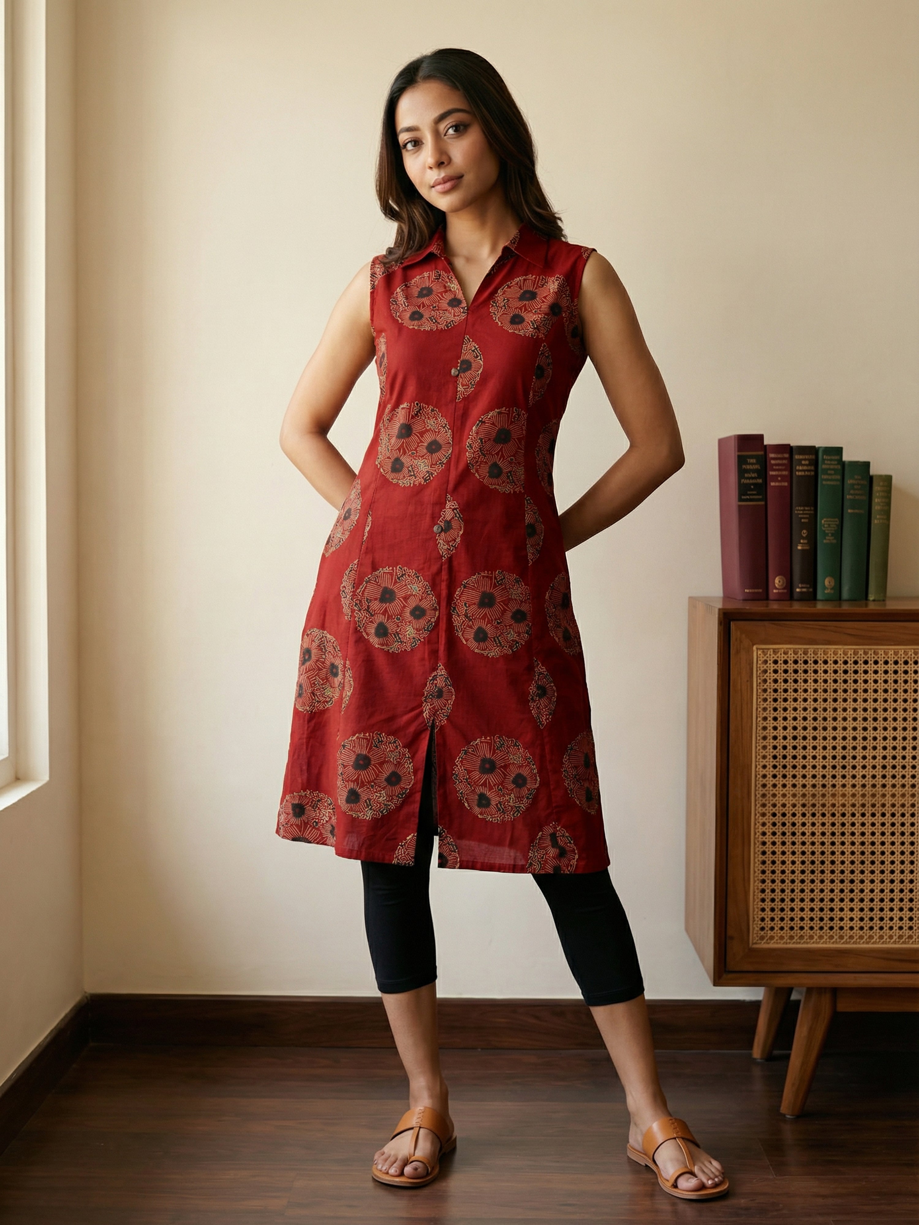 Maroon Cotton Collar Neck Sleeveless Kurti For Female