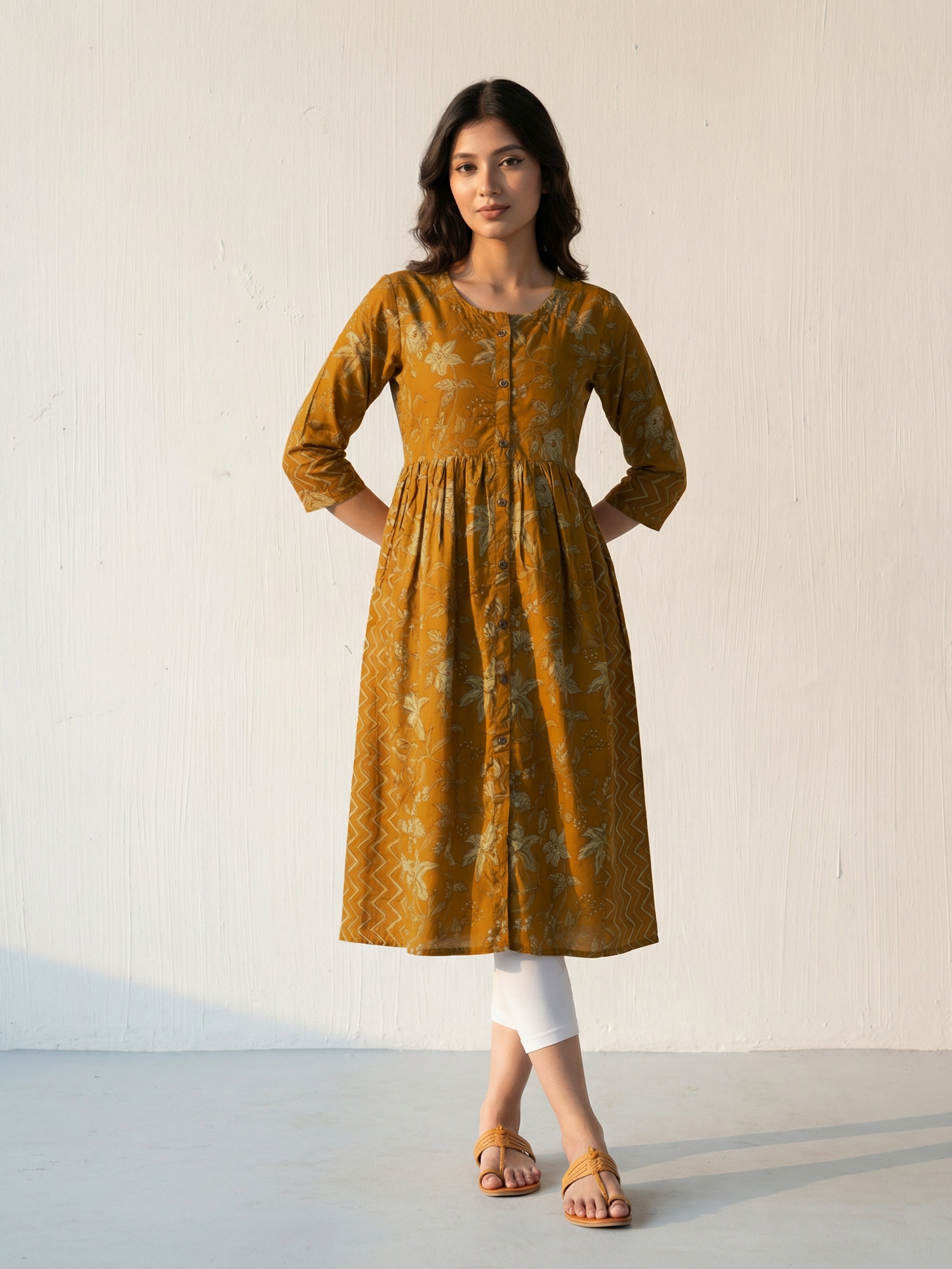 Mustard Cotton Round Neck Kurti