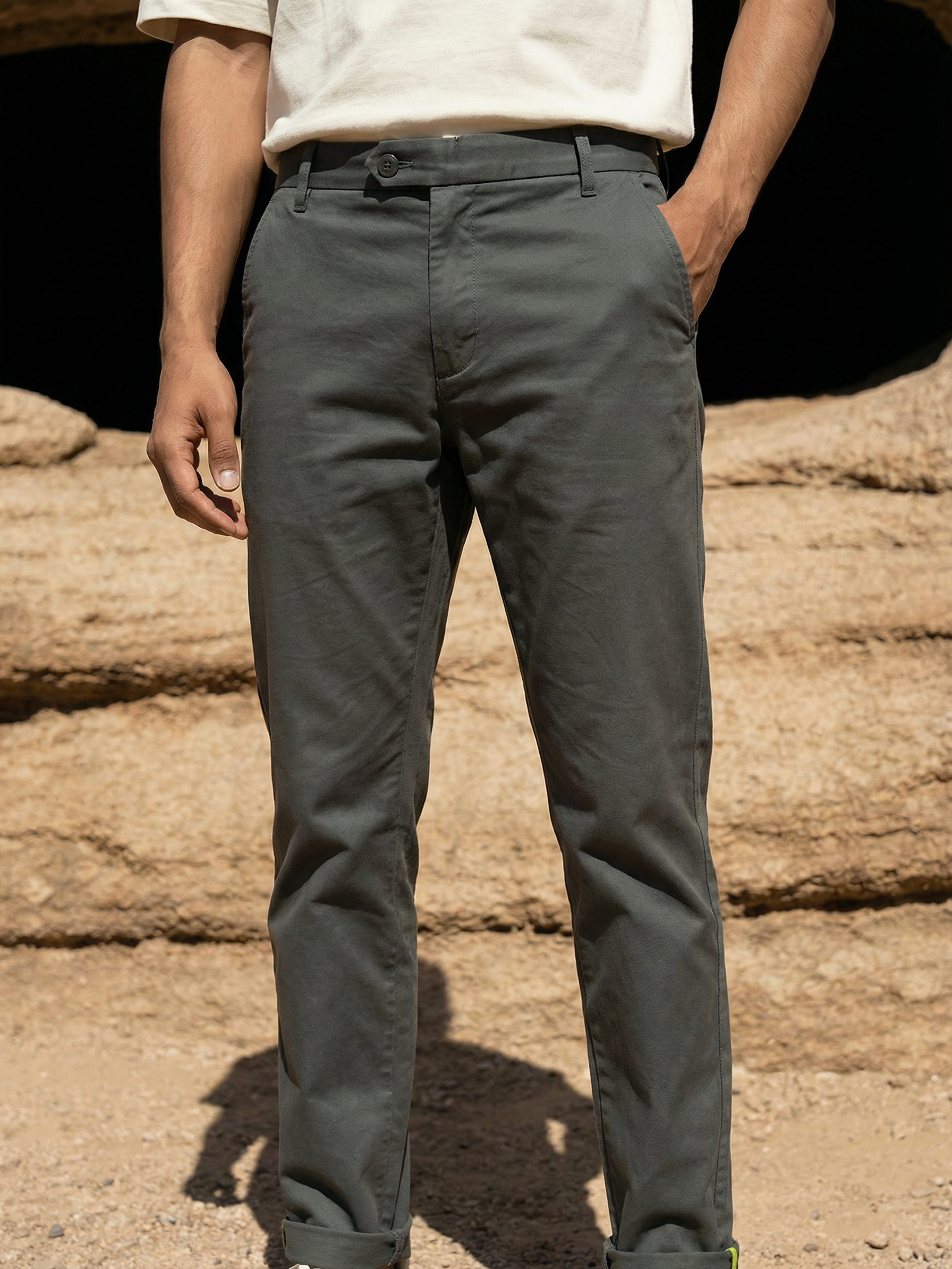 Men’s Dark Grey Casual Chinos Contrast Piping Cotton Twill