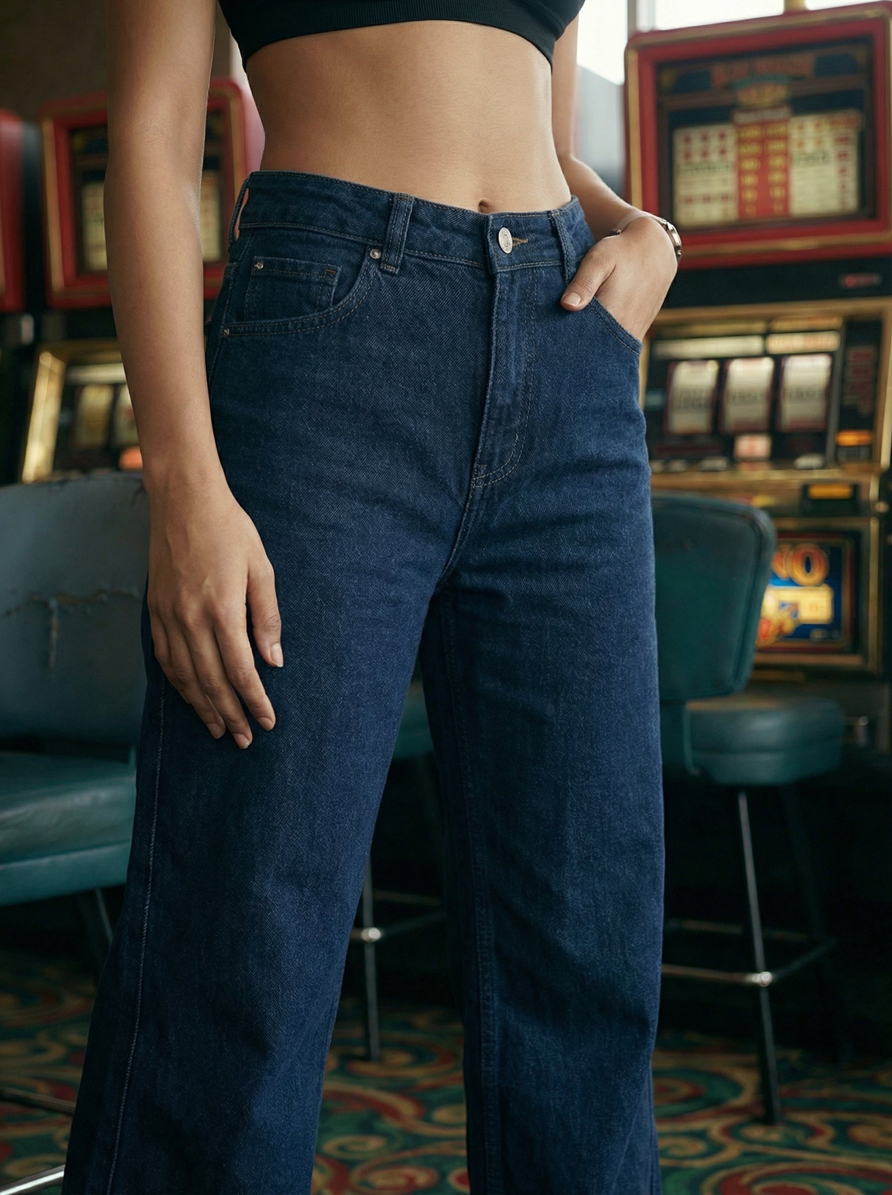 Women’s Wide Leg Knitted Denim Jeans Classic Blue