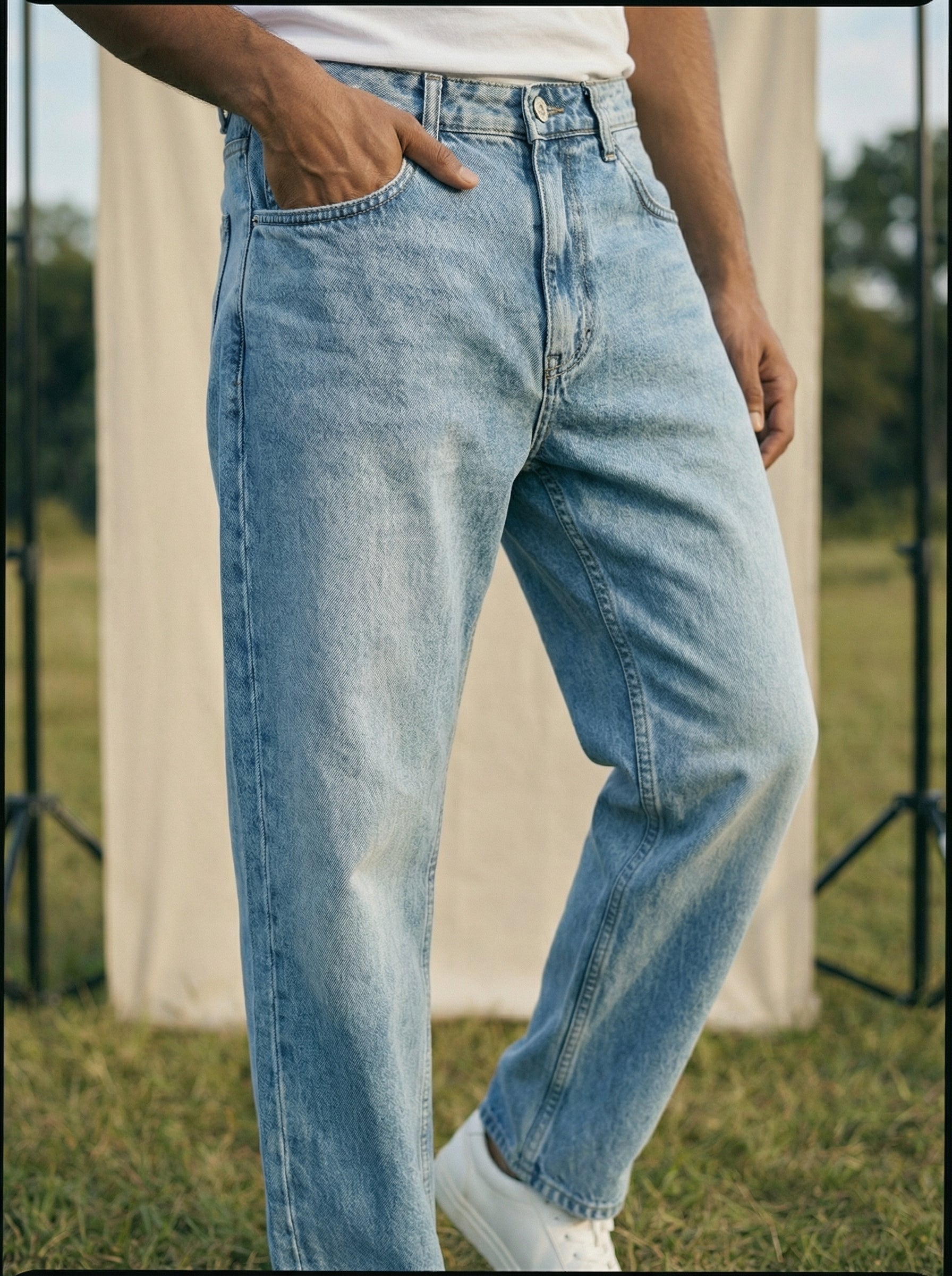 Men’s Baggy Fit Jeans Towel Wash Light Blue Indigo Denim