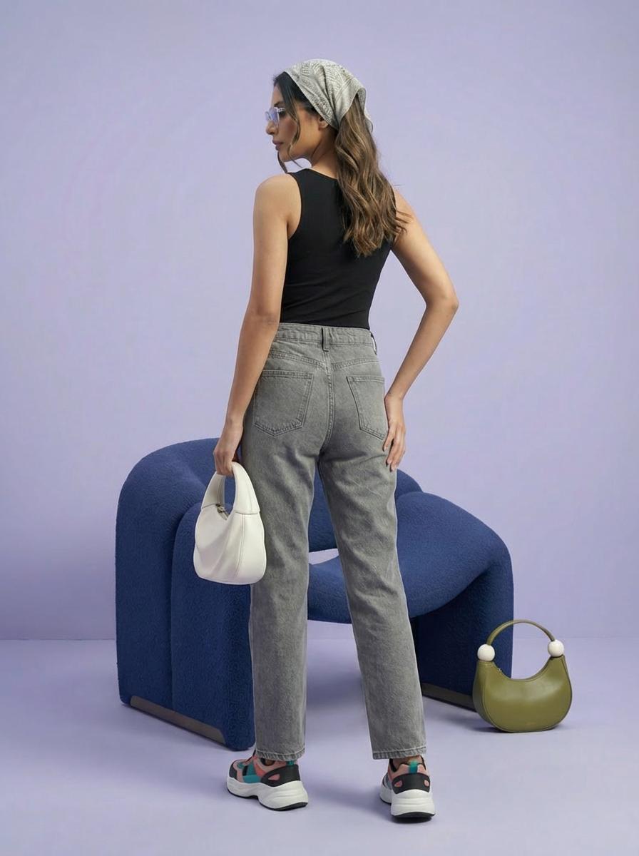 Women’s Straight Fit Knitted Denim Jeans Grey with Elastic Waist