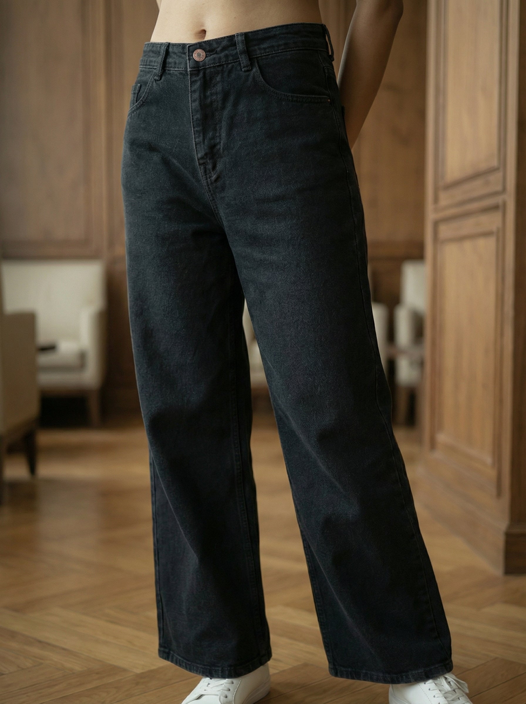 Women’s Wide Leg Jeans Black Knitted Denim