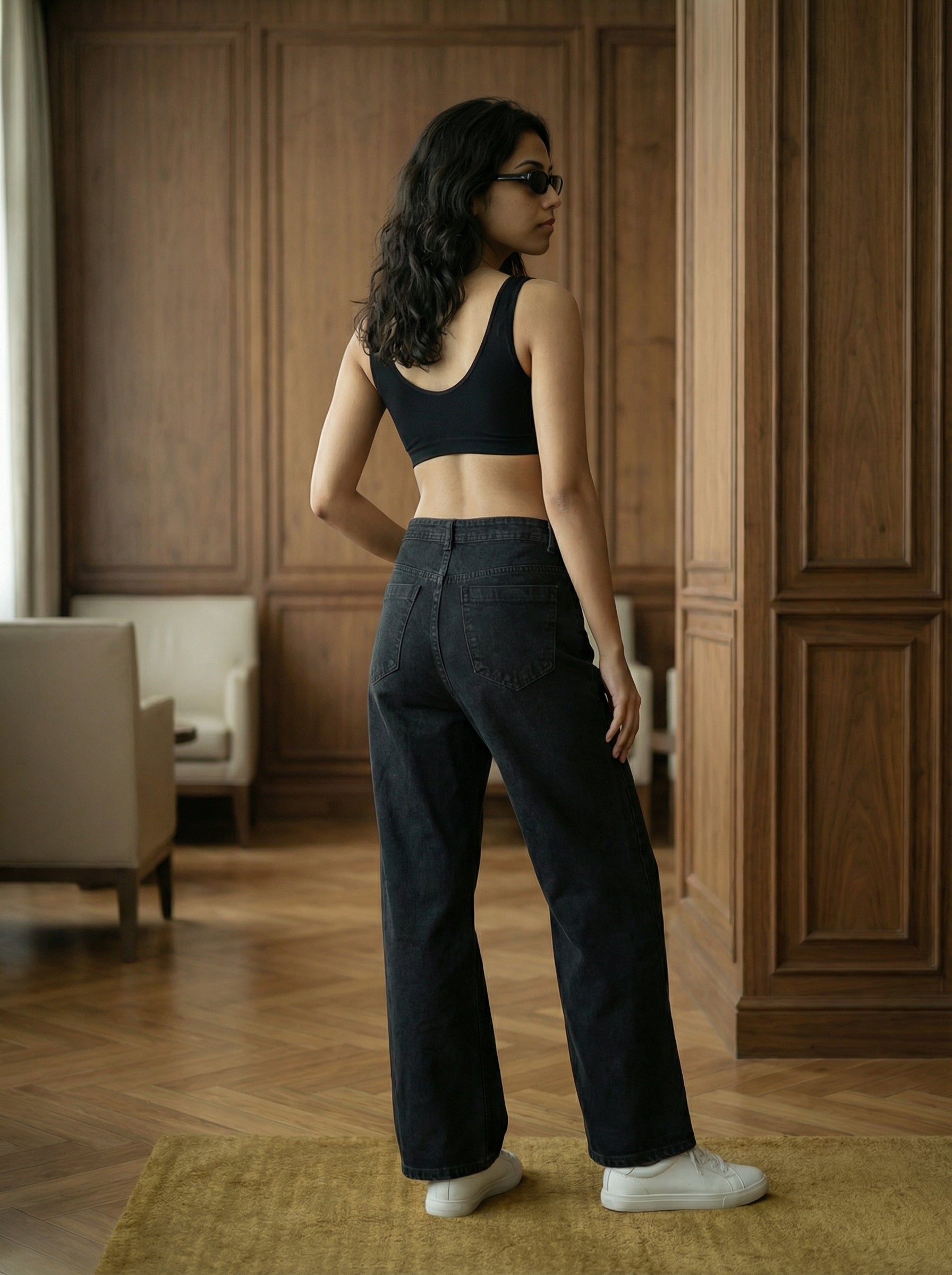 Women’s Wide Leg Jeans Black Knitted Denim