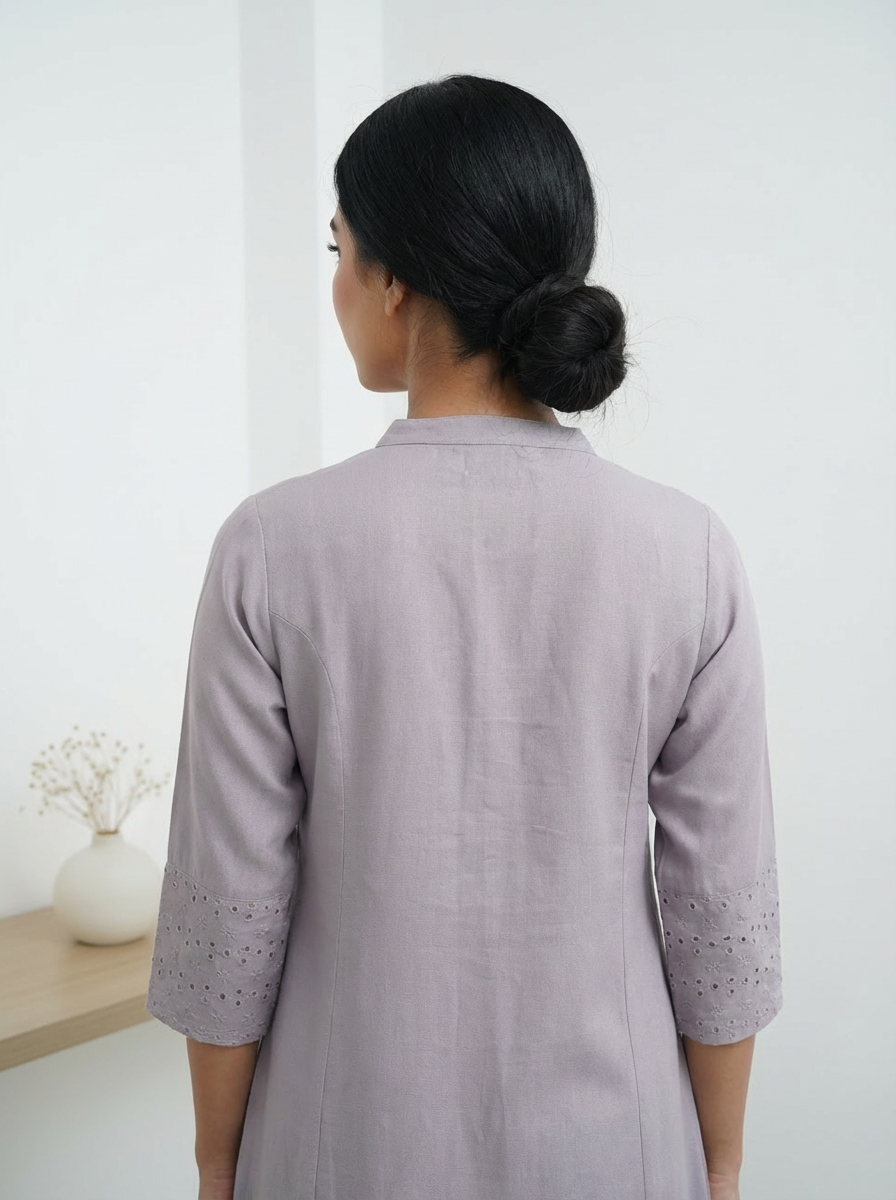 Light Purple Flex Cotton A-Line Kurti with Mandarin Collar