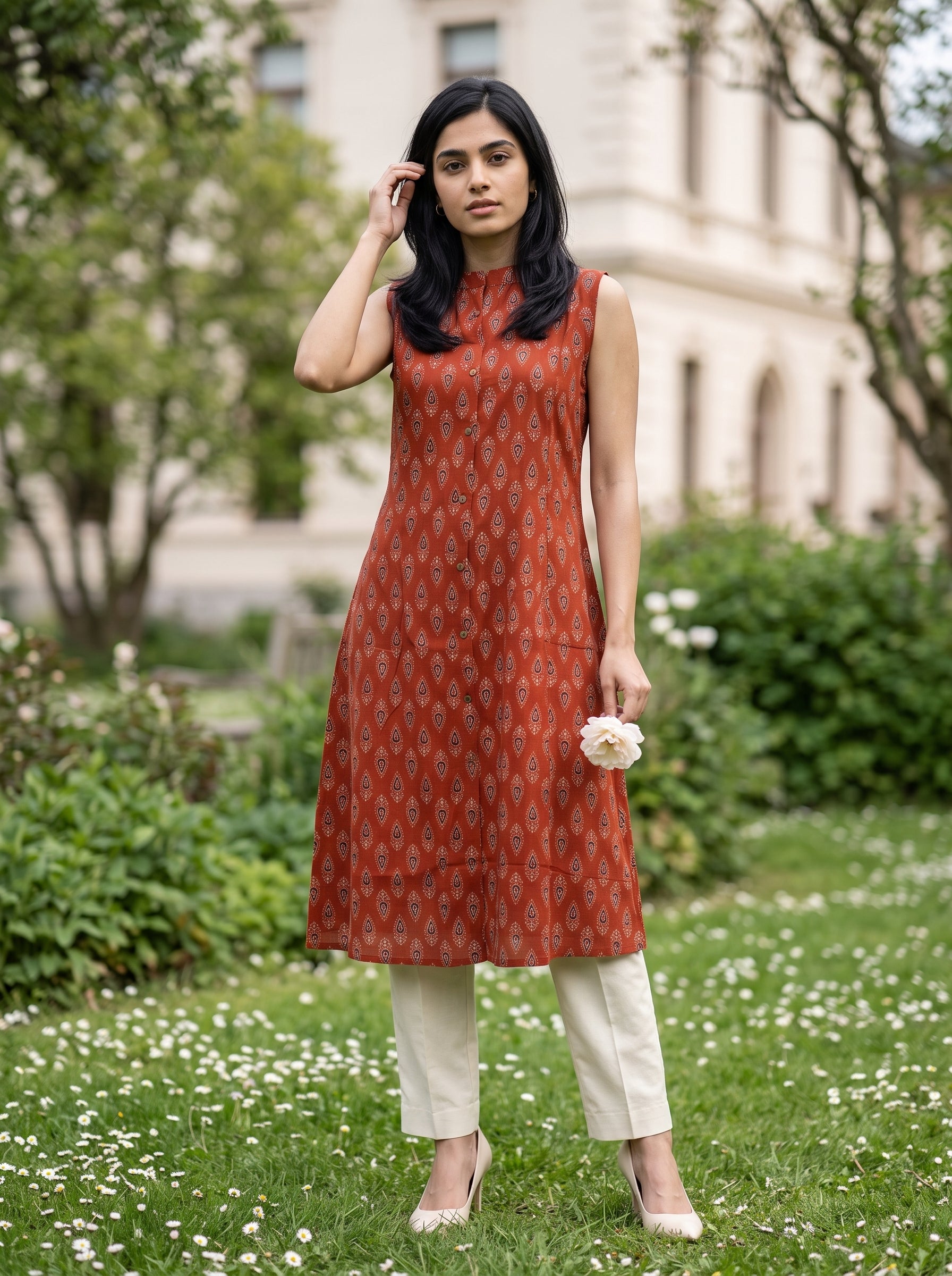 A woman stands outdoors in a garden wearing a sleeveless rust-orange printed kurta with cream pants and holding a small white flower.