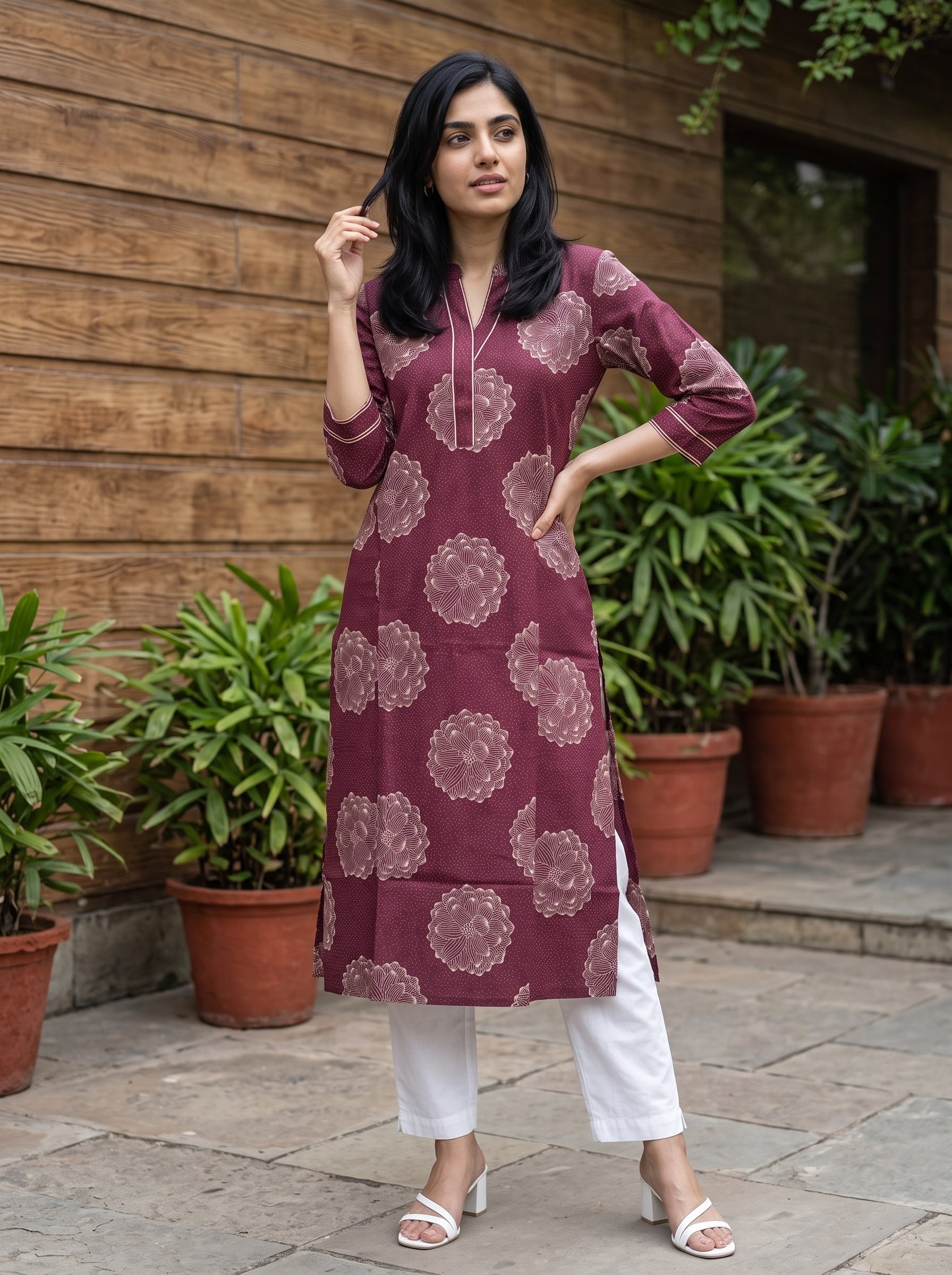 A woman modeling a three-quarter sleeve maroon kurta with a beige floral block print, paired with white pants and white sandals, standing in front of a wooden wall and potted plants.