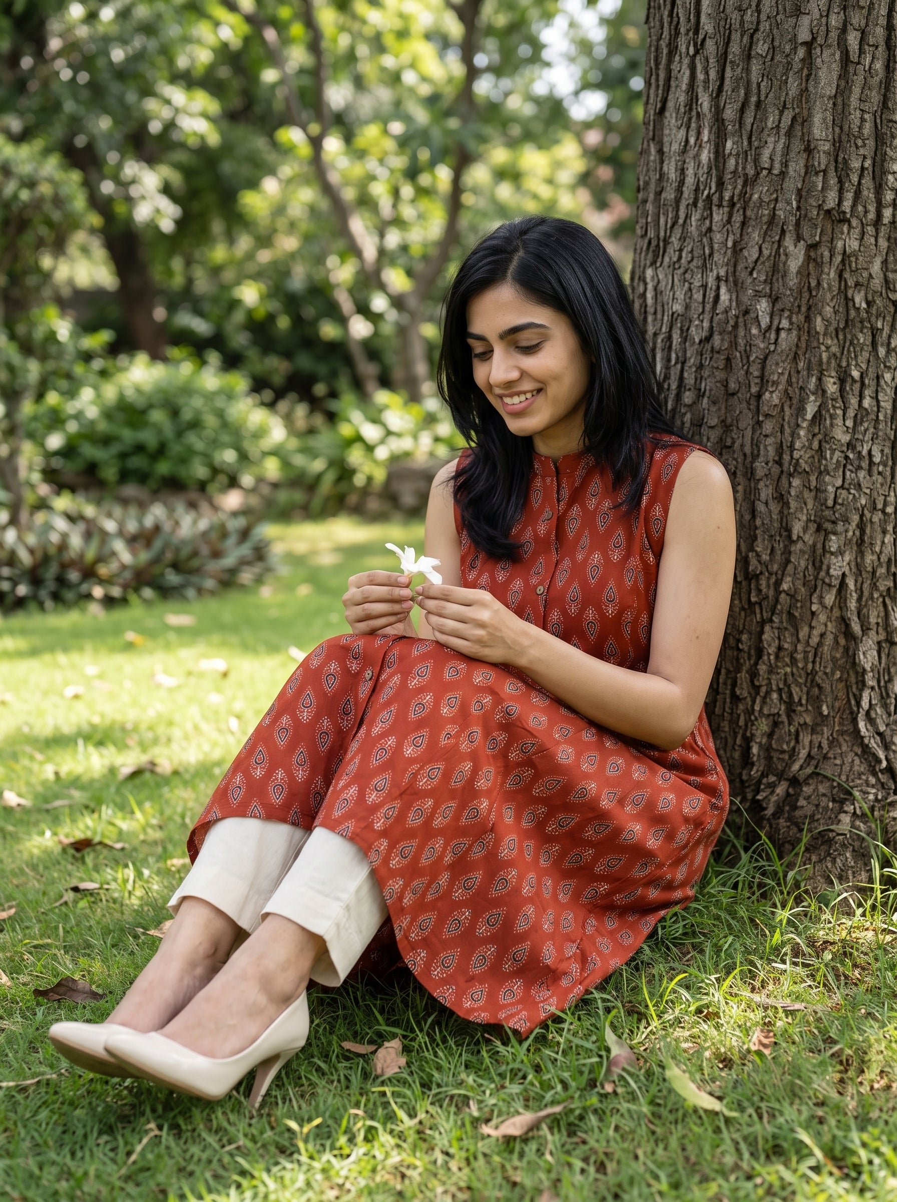 A woman sitting on grass next to a tree, wearing a rust-orange sleeveless kurta with a small beige pattern and cream pants.