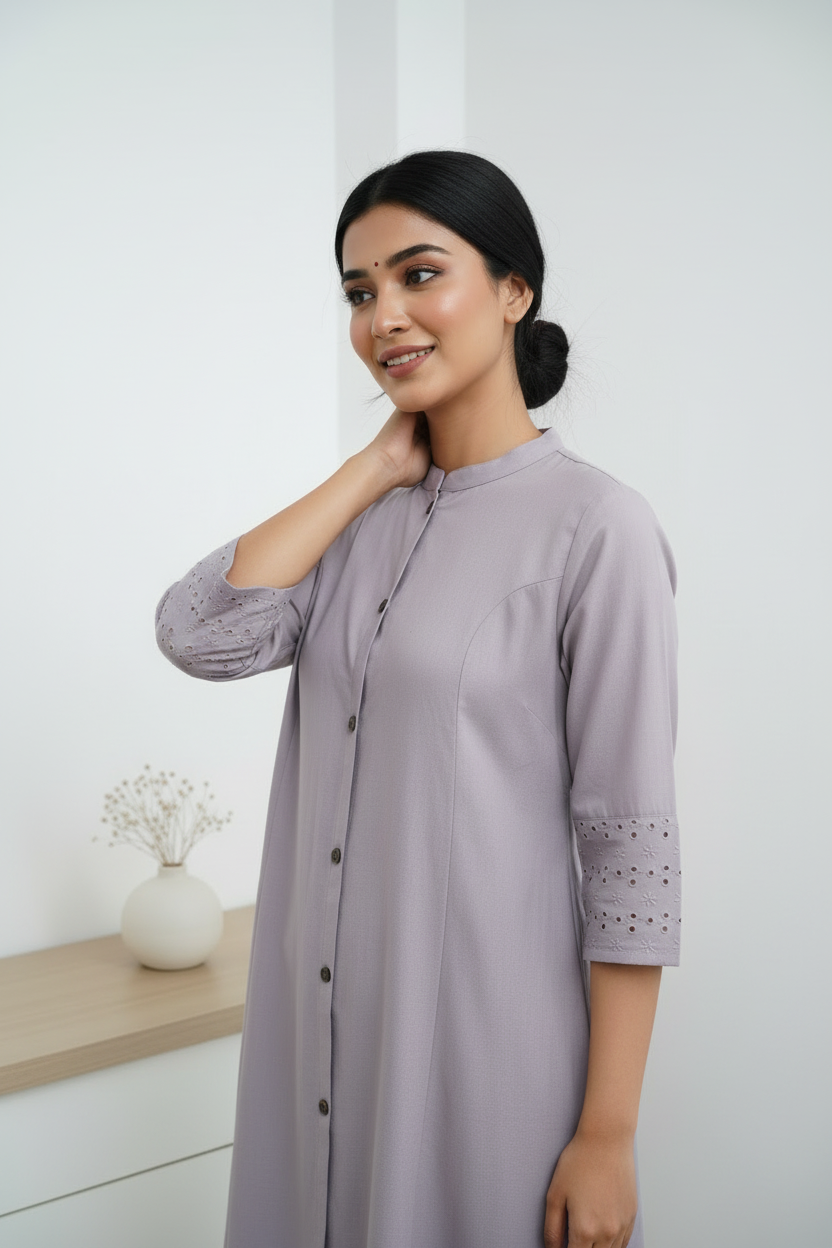 Light Purple Flex Cotton A-Line Kurti with Mandarin Collar