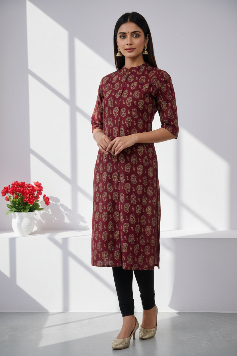 Maroon Ajrakh Fusion A-Line Kurti