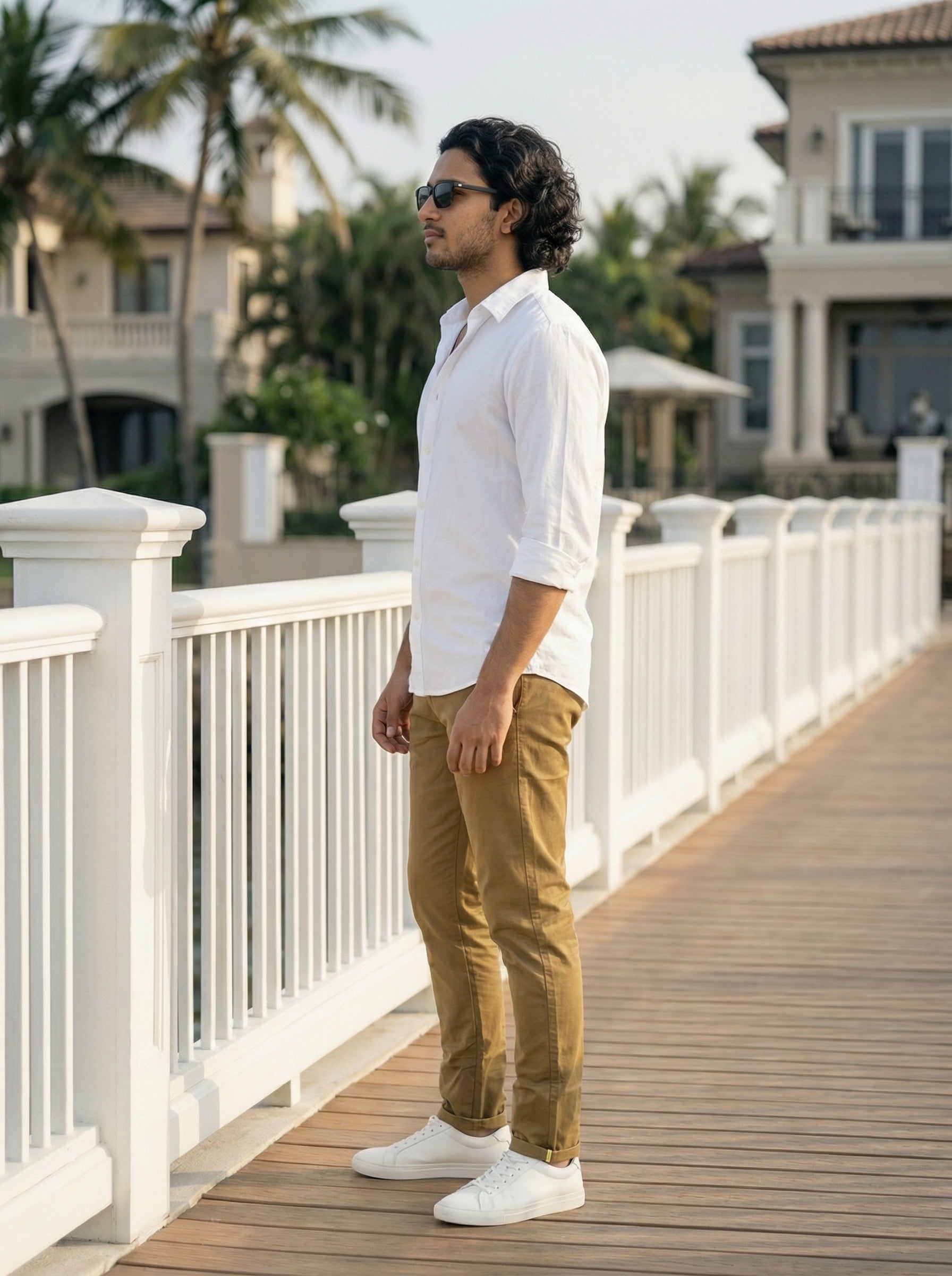 Men’s Regular Fit Cotton Twill Chinos Khaki with Contrast Piping