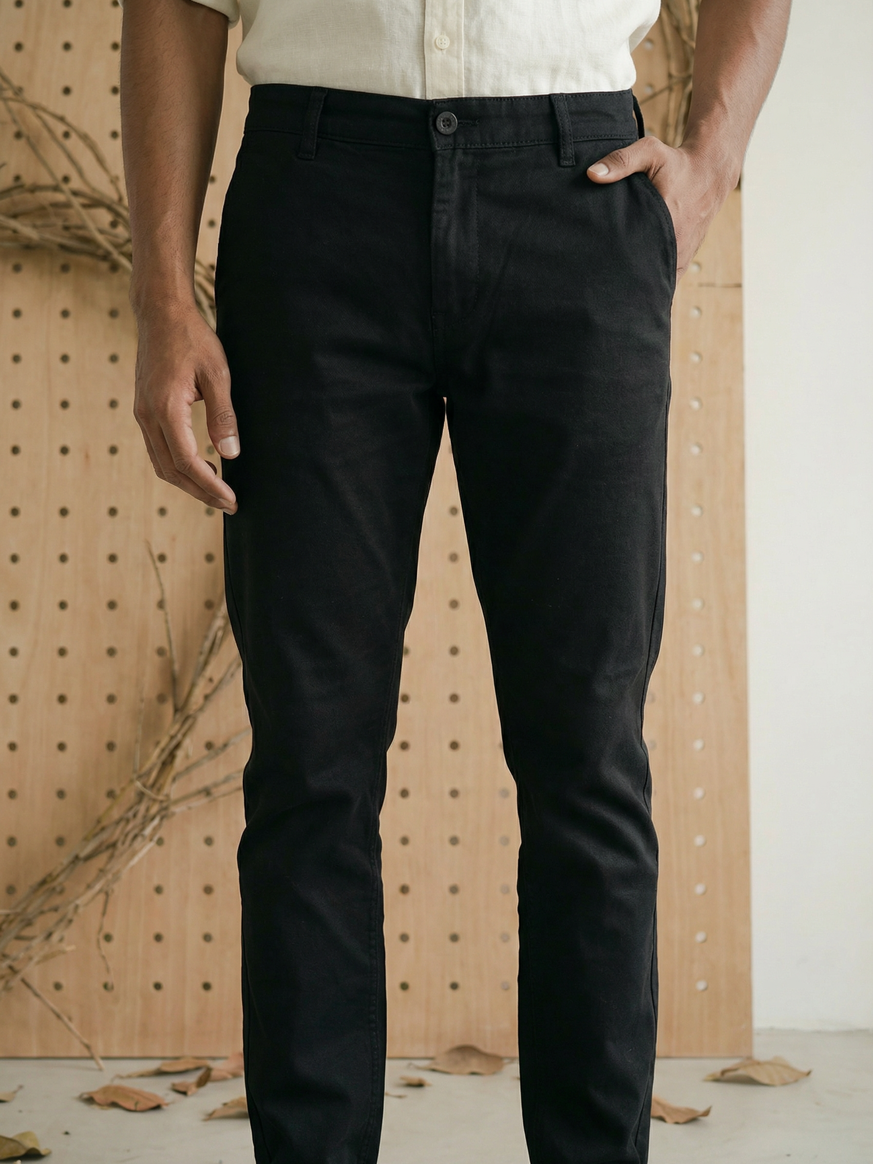 Men’s Regular Fit Cotton Twill Chinos Black with Contrast Piping