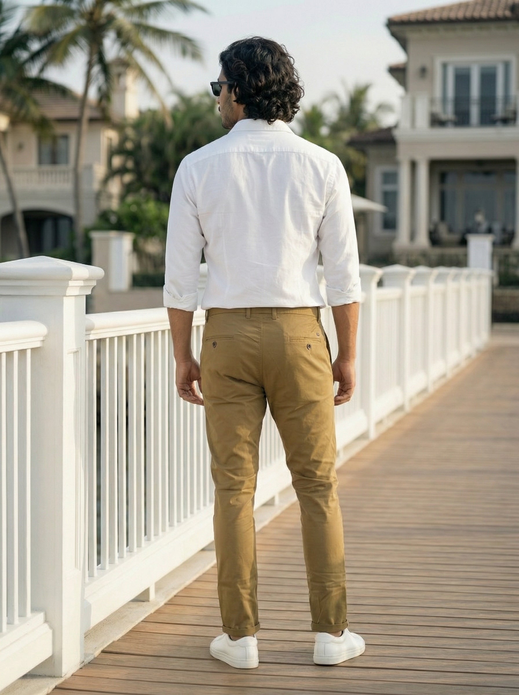 Men’s Regular Fit Cotton Twill Chinos Khaki with Contrast Piping