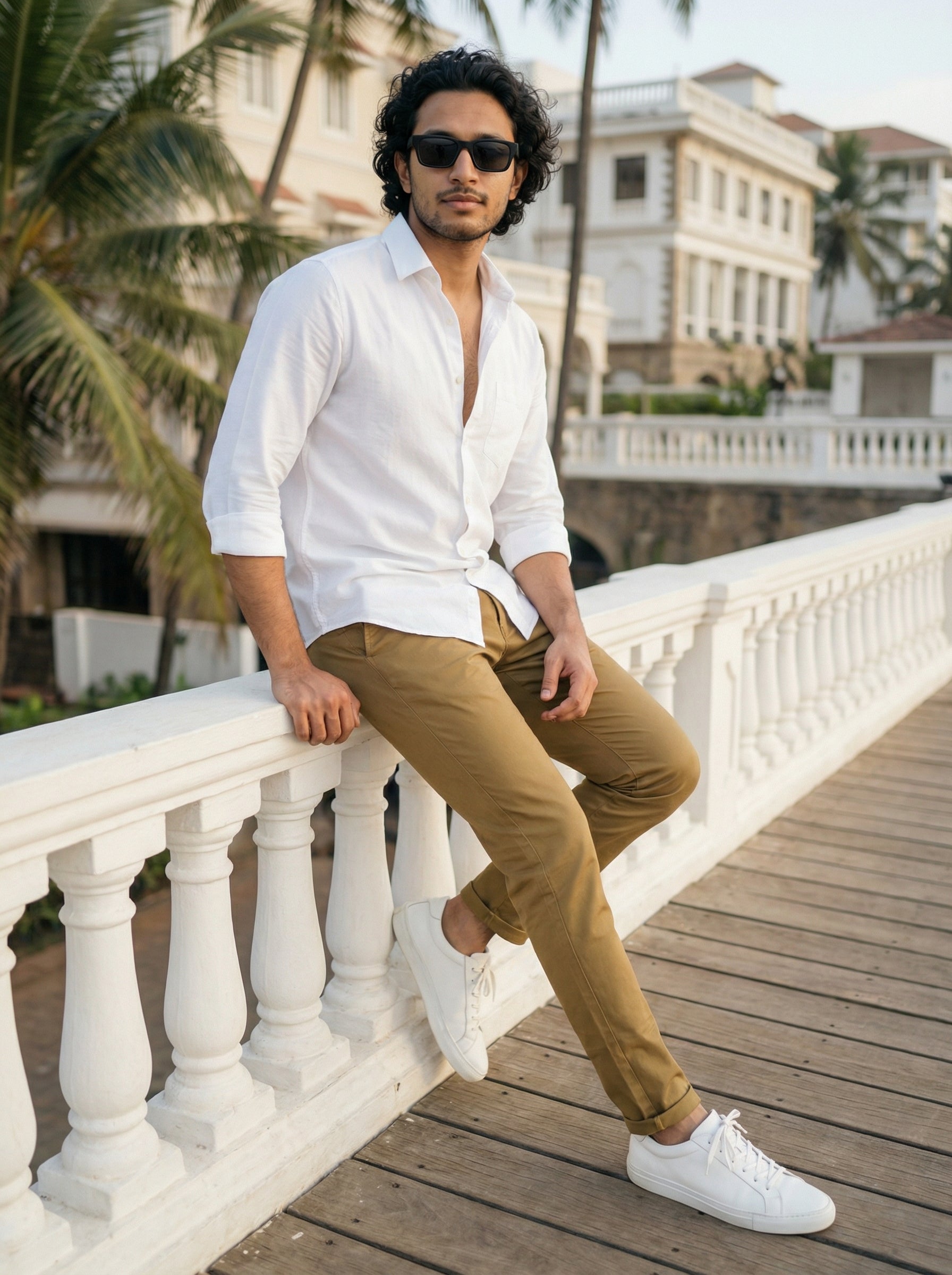 Men’s Regular Fit Cotton Twill Chinos Khaki with Contrast Piping
