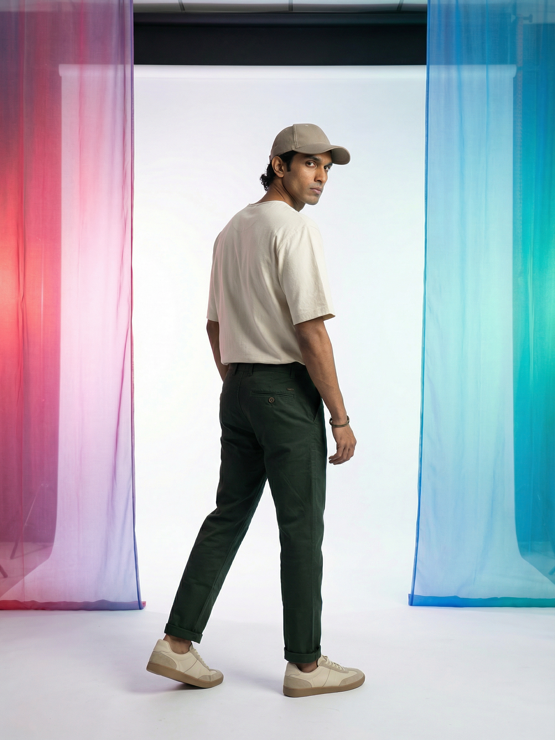 Men’s Regular Fit Chinos Dark Green Cotton Twill with Contrast Piping