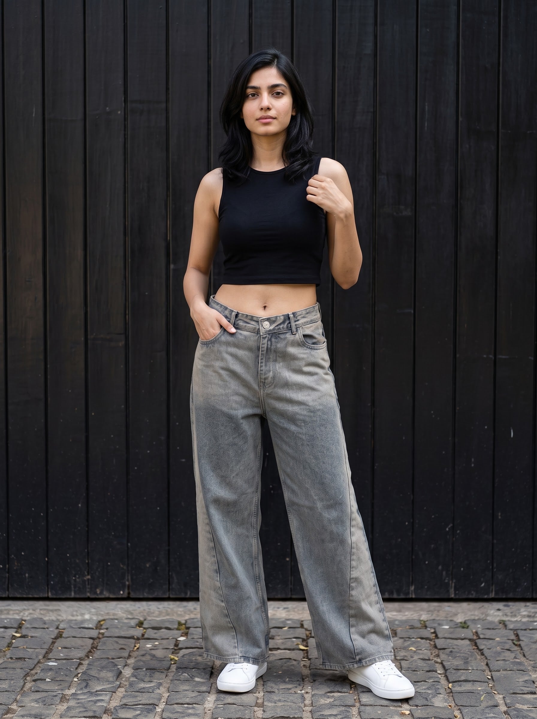 Women's Denim Blue Color Wide Leg Fit Jeans