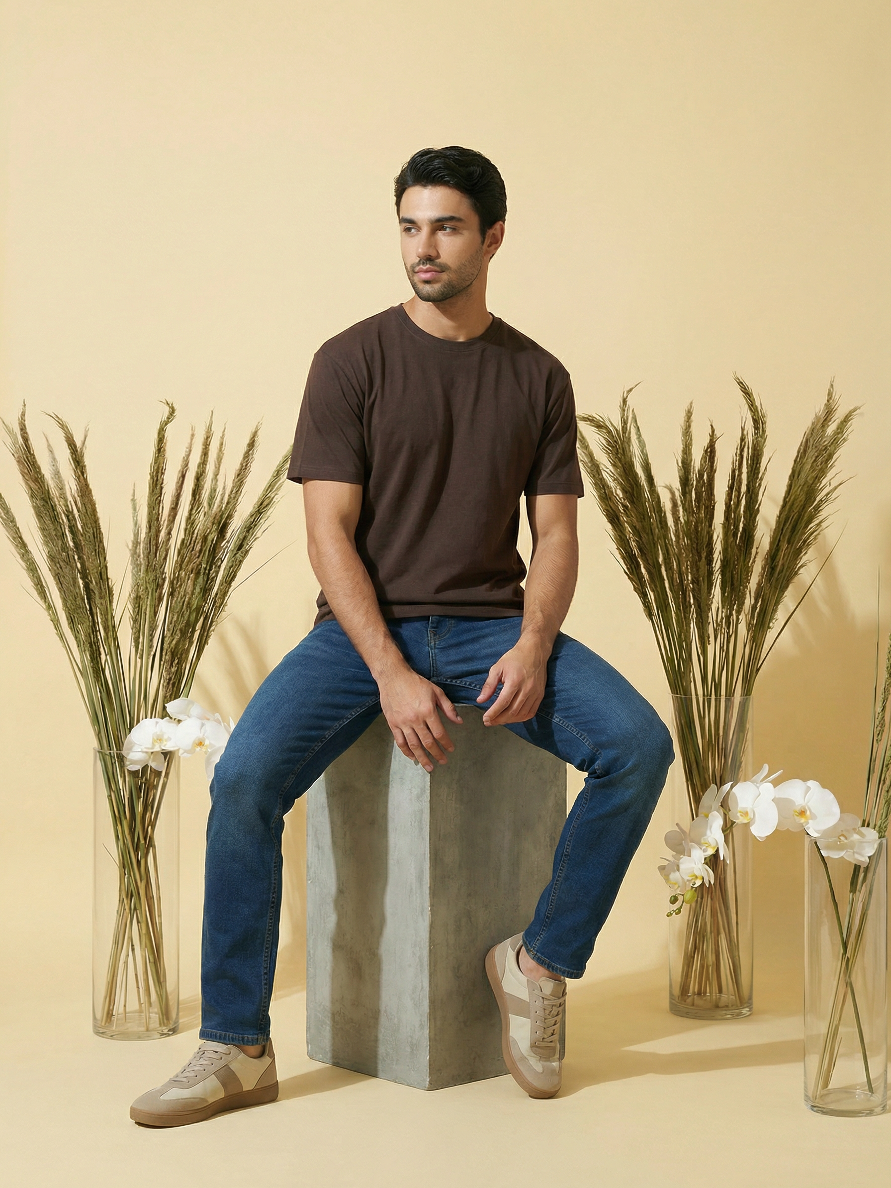 Men’s Dark Blue PP Spray Cropped Jeans Cotton Blend Stretch Denim
