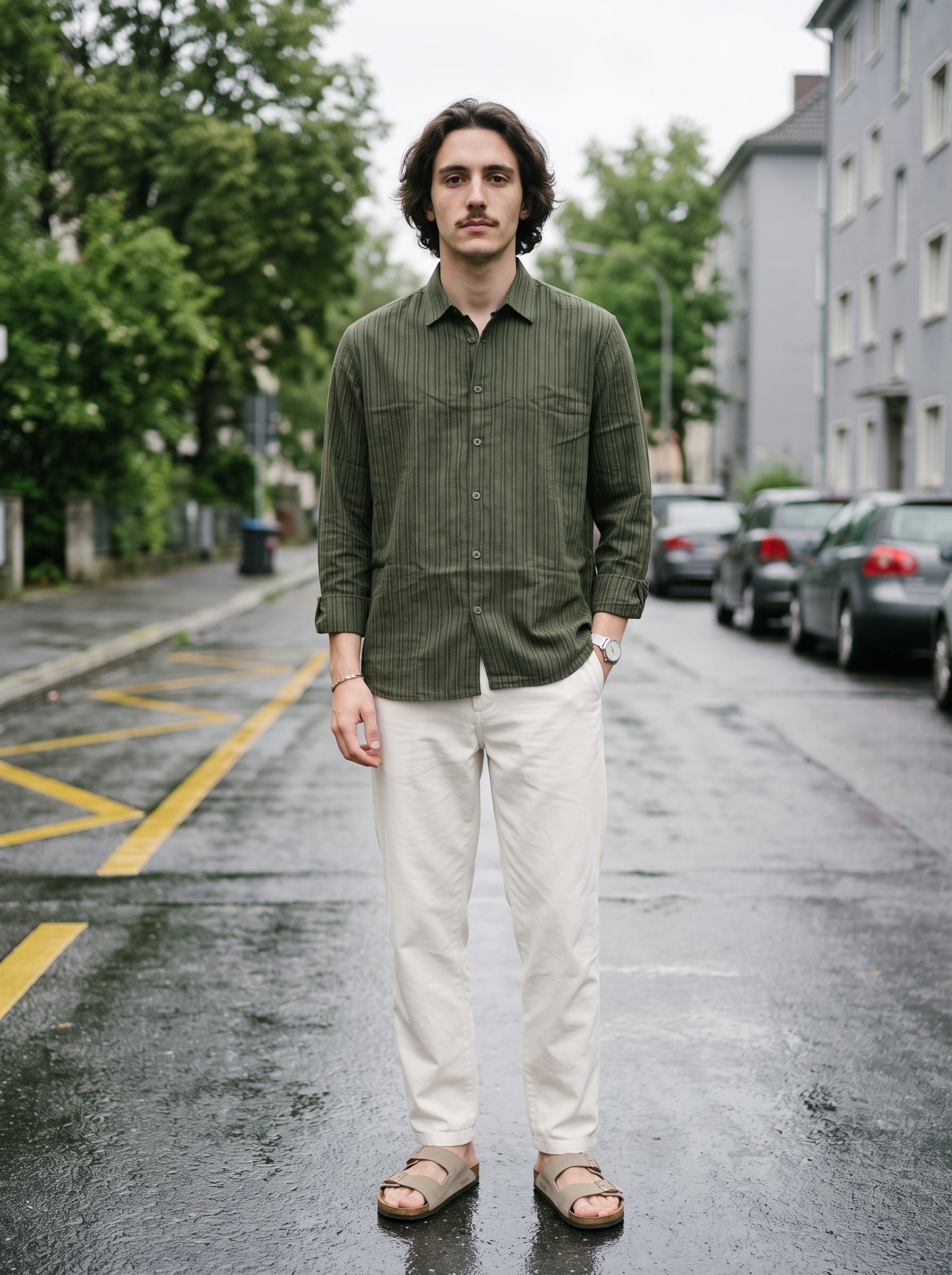 Men's Cotton Stripes Leaf Regular Fit Shirt