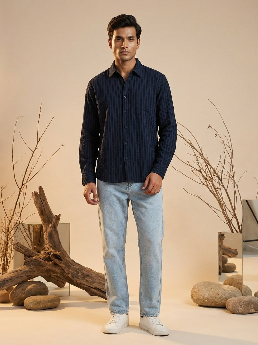 Men’s Navy Cotton Blend Oversized Shirt
