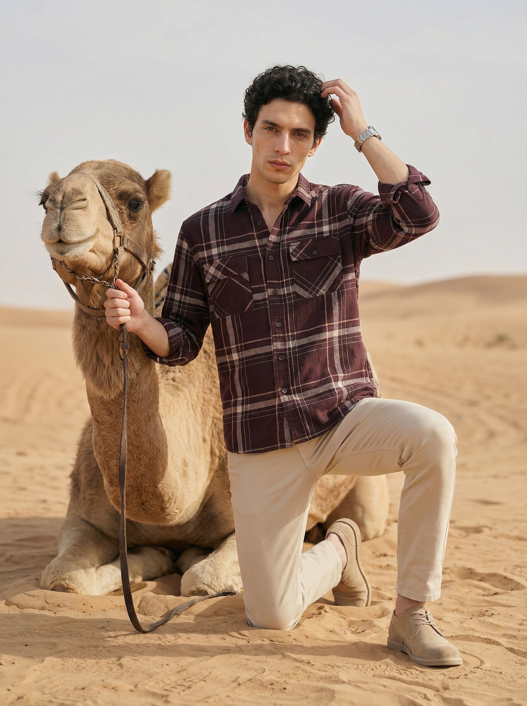 Men’s Wine Relaxed Fit Checked Shirt