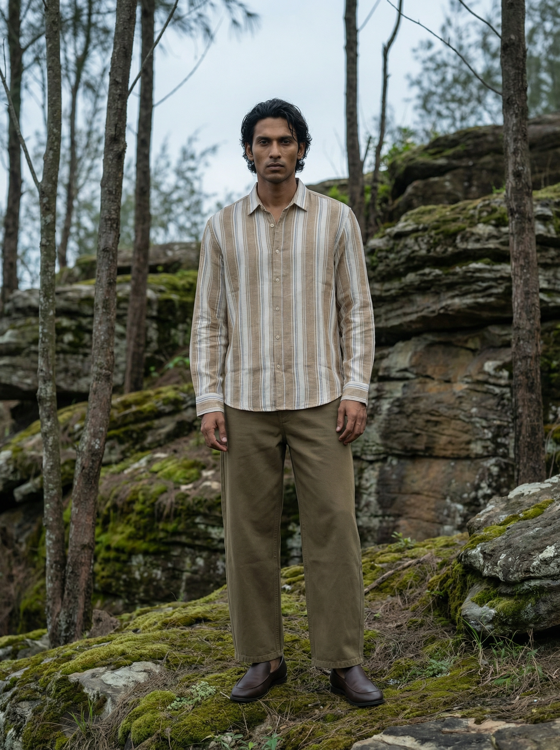 Men’s Brown Cotton Blend Oversized Textured Shirt