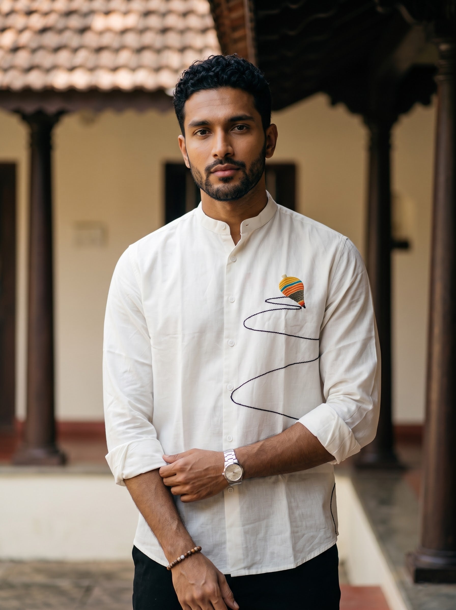Men's White Spinning Top Embroidery Onam Special Shirt