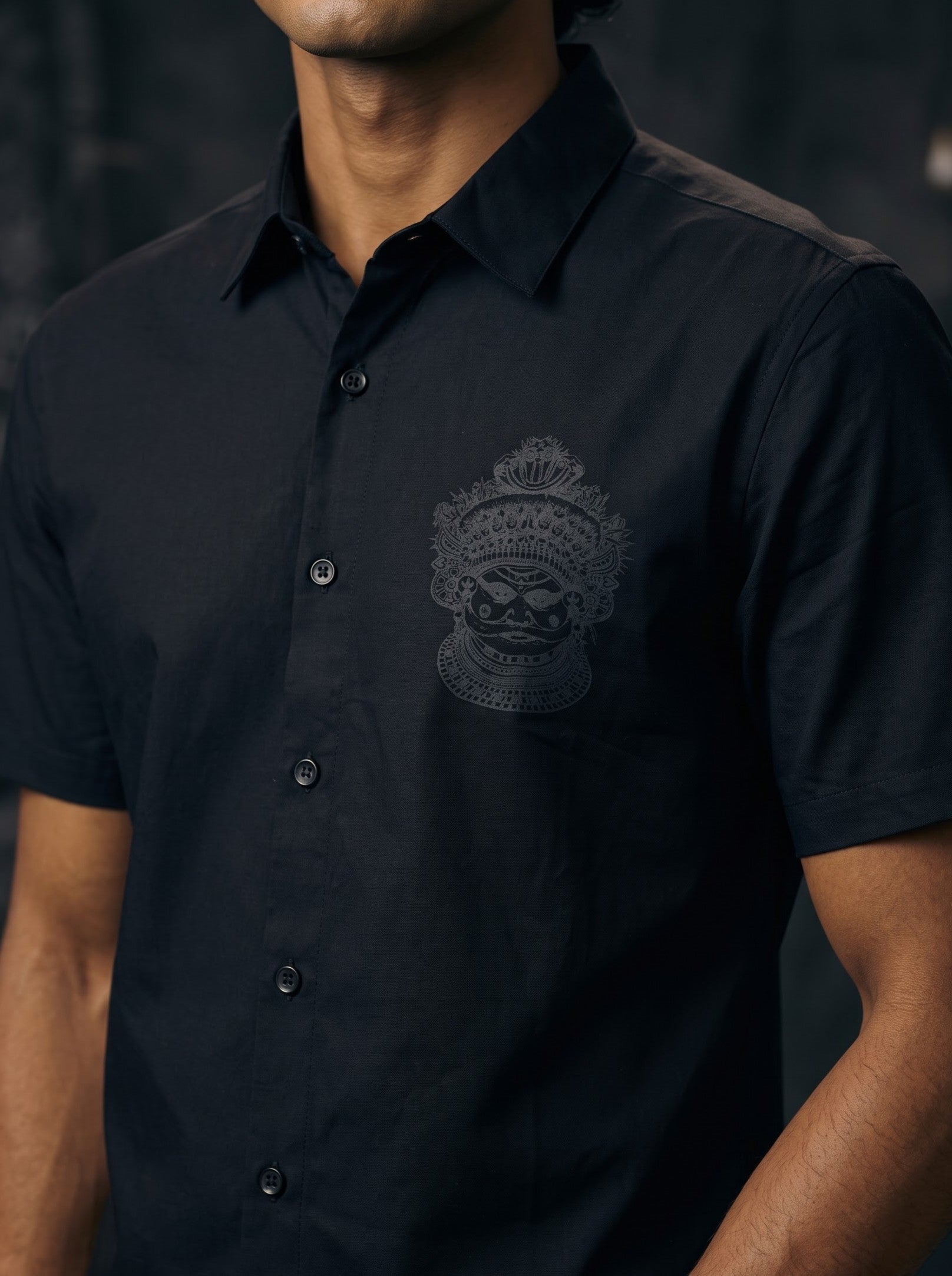 Men's Trigene Knit Black Color Regular Fit Theyyam Printed Shirt