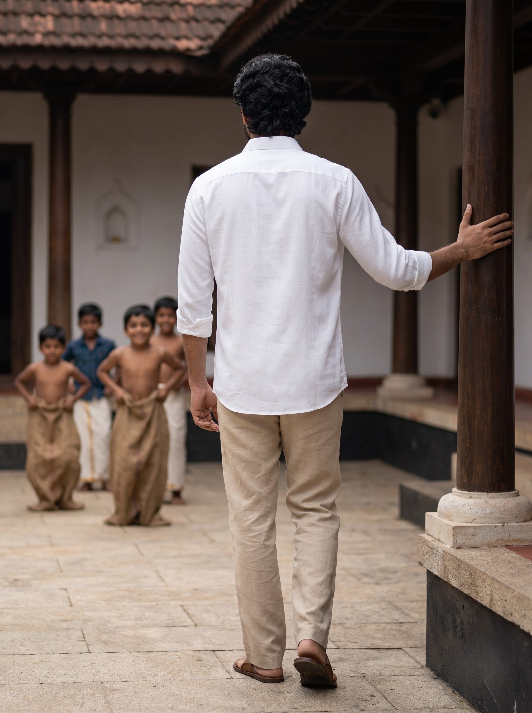 A man seen from behind wearing a white long-sleeve shirt and beige trousers, standing in a courtyard and touching a dark wooden pillar, with children in traditional clothing in the background.