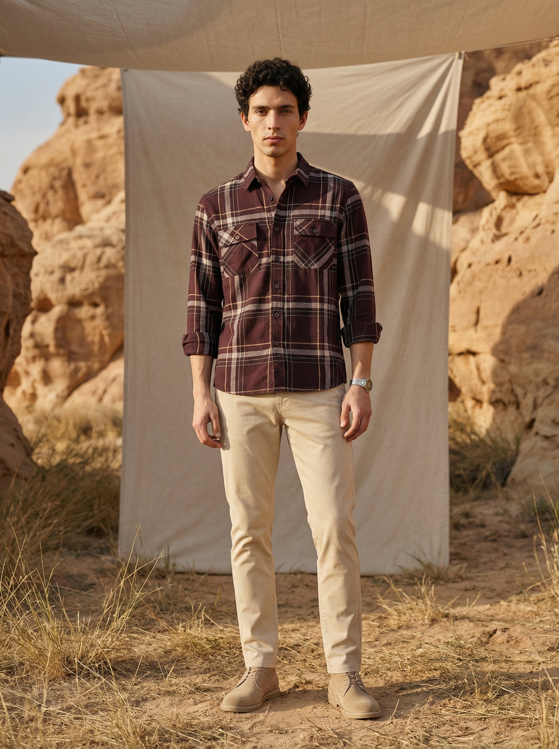 Men’s Wine Relaxed Fit Checked Shirt