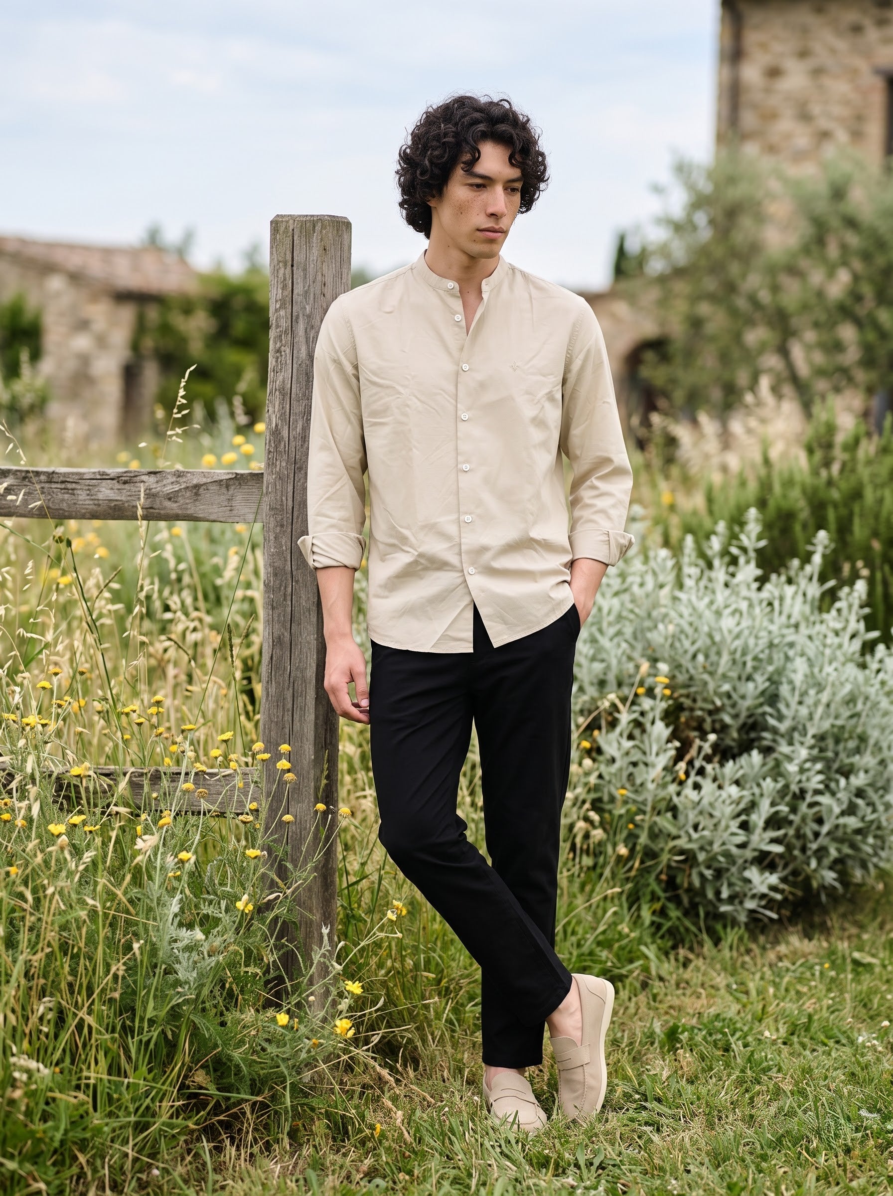 Men's Lyocell Linen Bone Color Relaxed Fit Shirt
