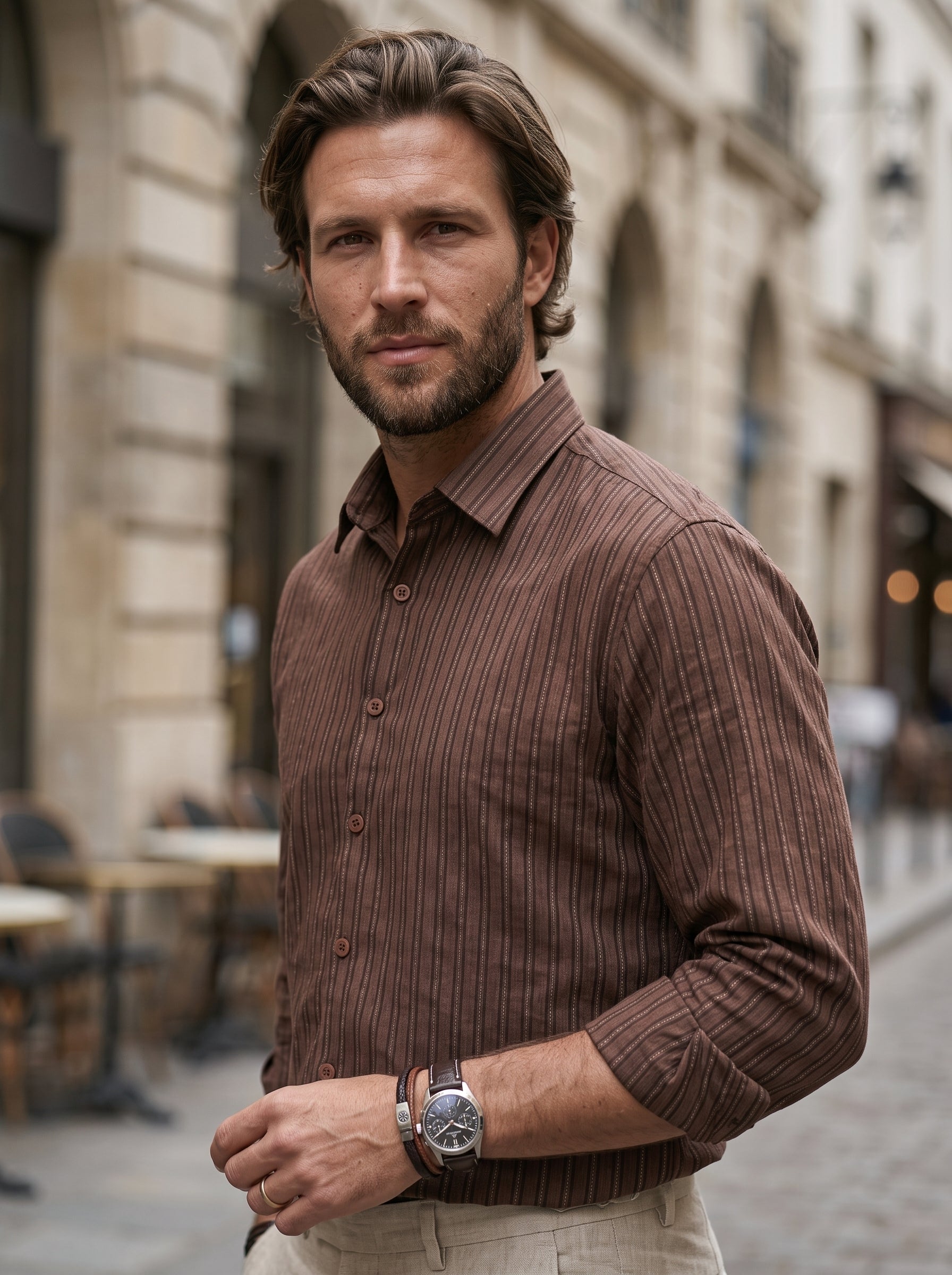 Men's Cotton Stripes Walnut Regular Fit Shirt