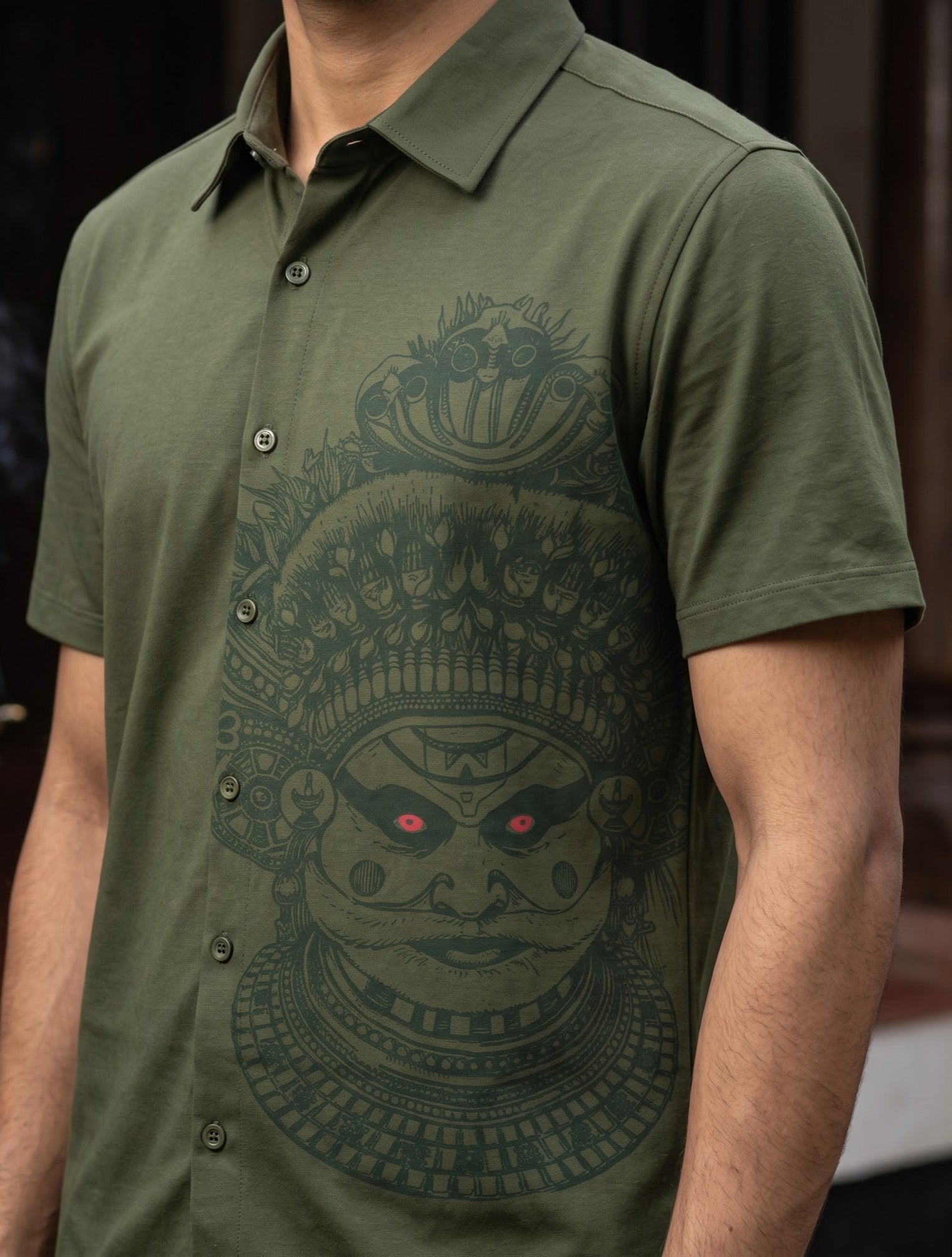 Men's Trigene Knit Dark Green Color Regular Fit Theyyam Printed Shirt