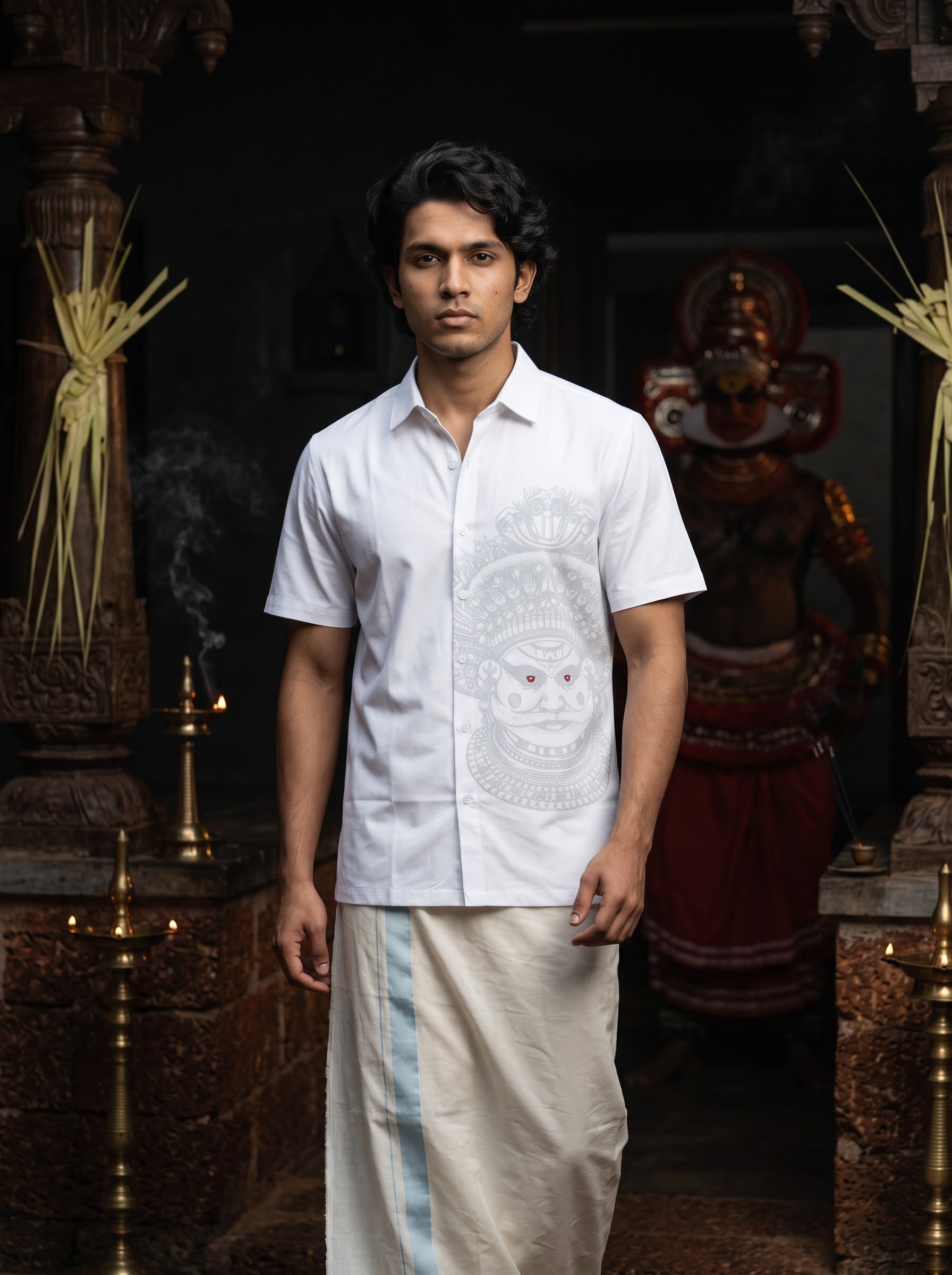 Men's Trigene Knit White Color Regular Fit Theyyam Printed Shirt