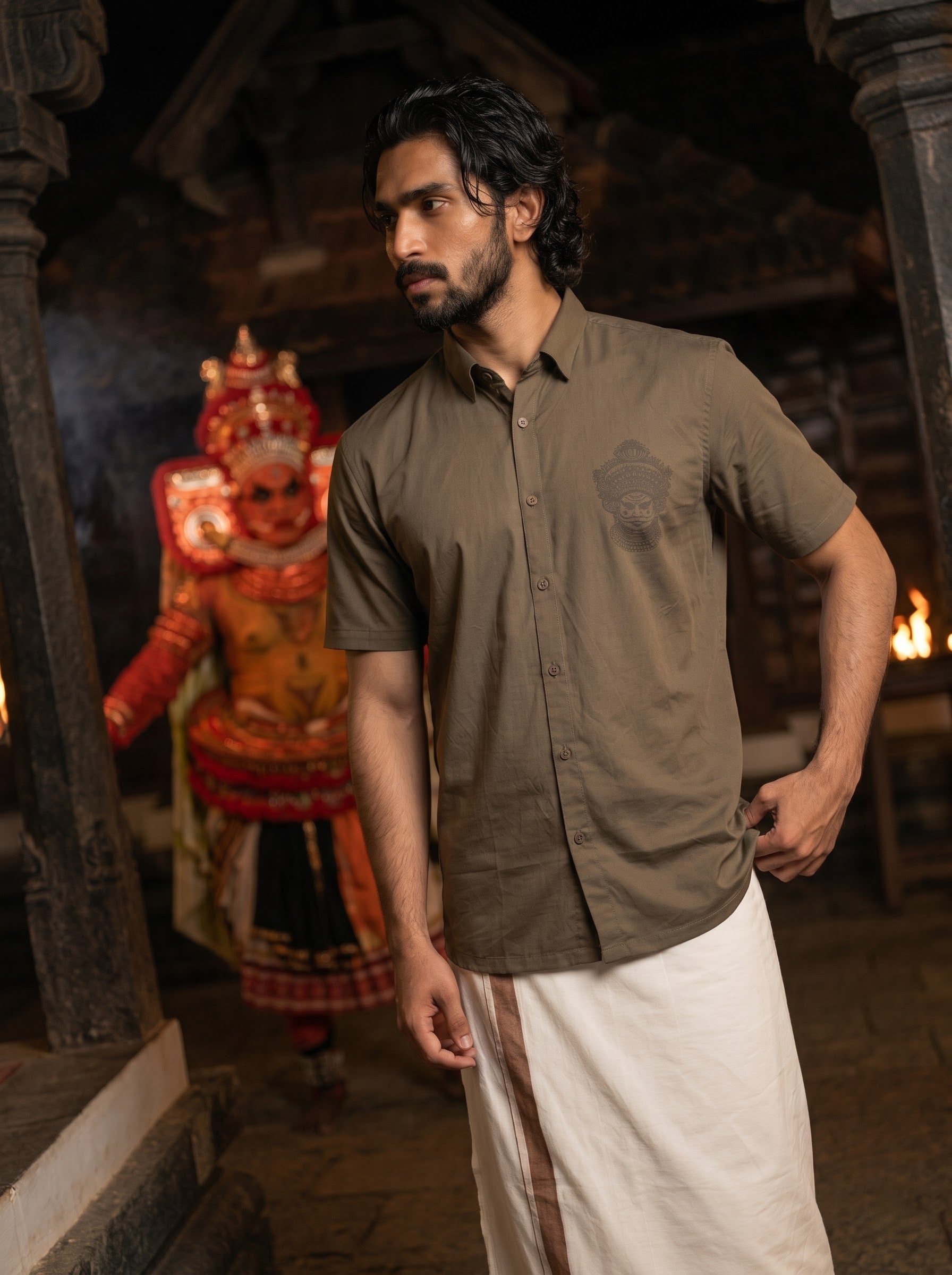 Men's Trigene Knit Wood Color Regular Fit Theyyam Printed Shirt