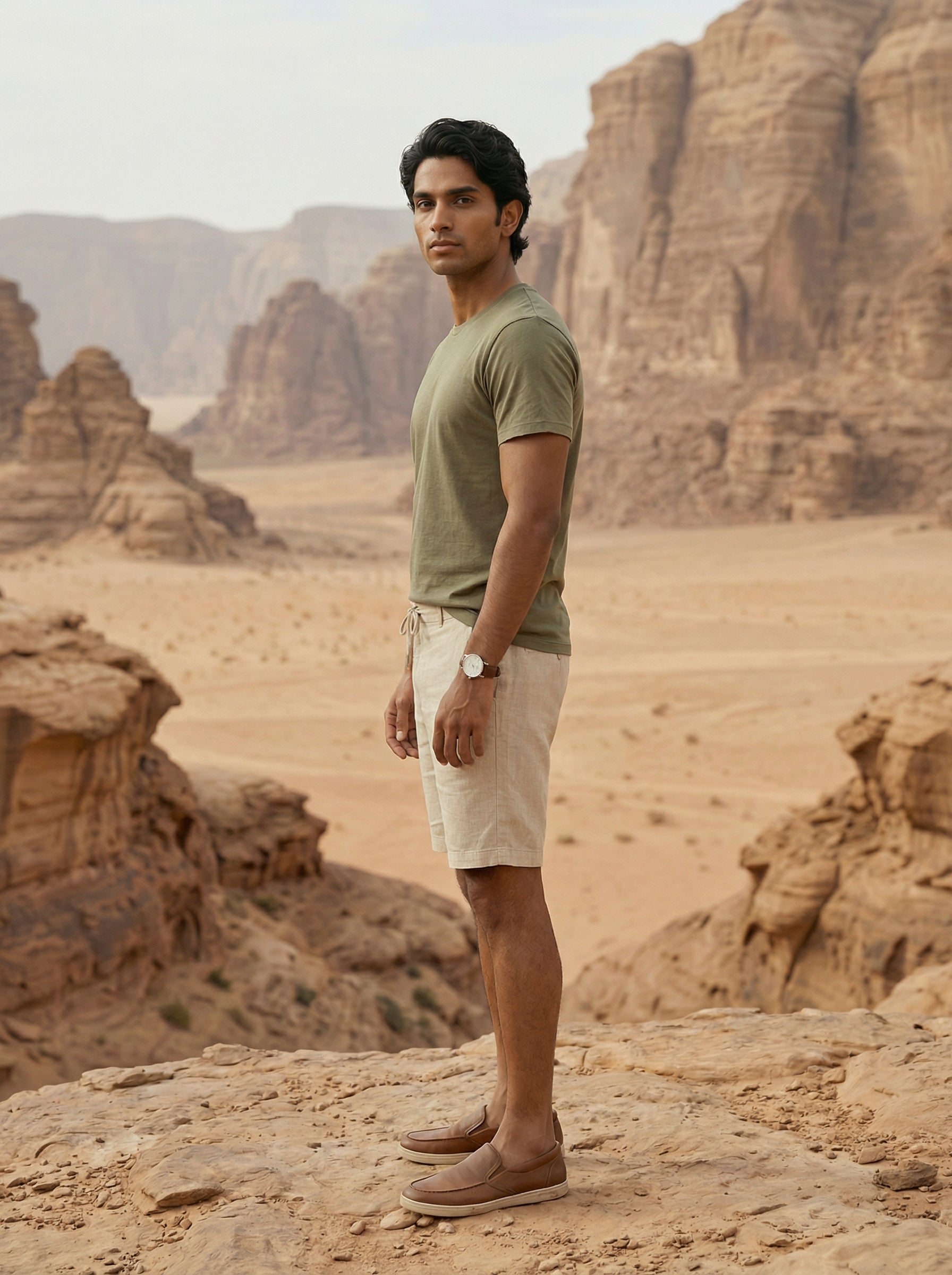 Men’s Beige Slub Weave Linen Shorts