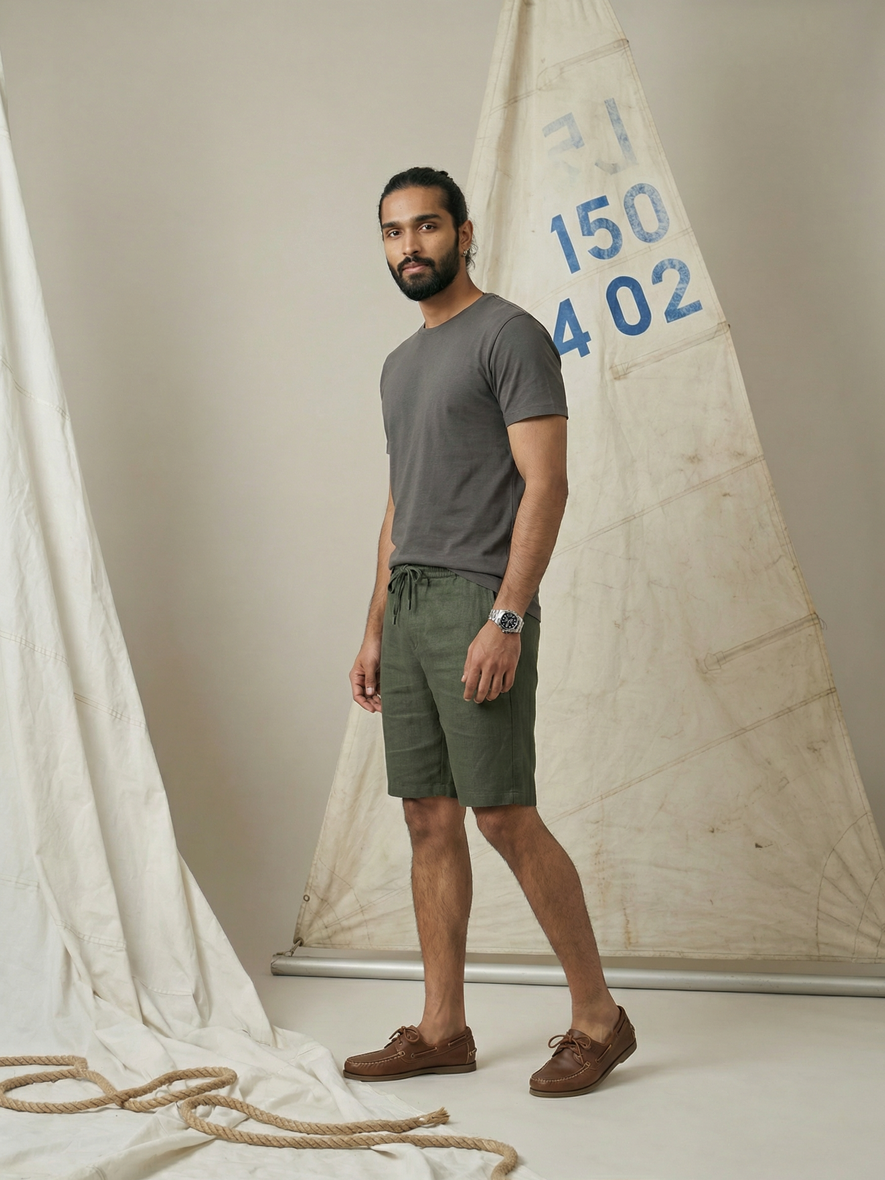 Men’s Dark Green Linen Slub Shorts