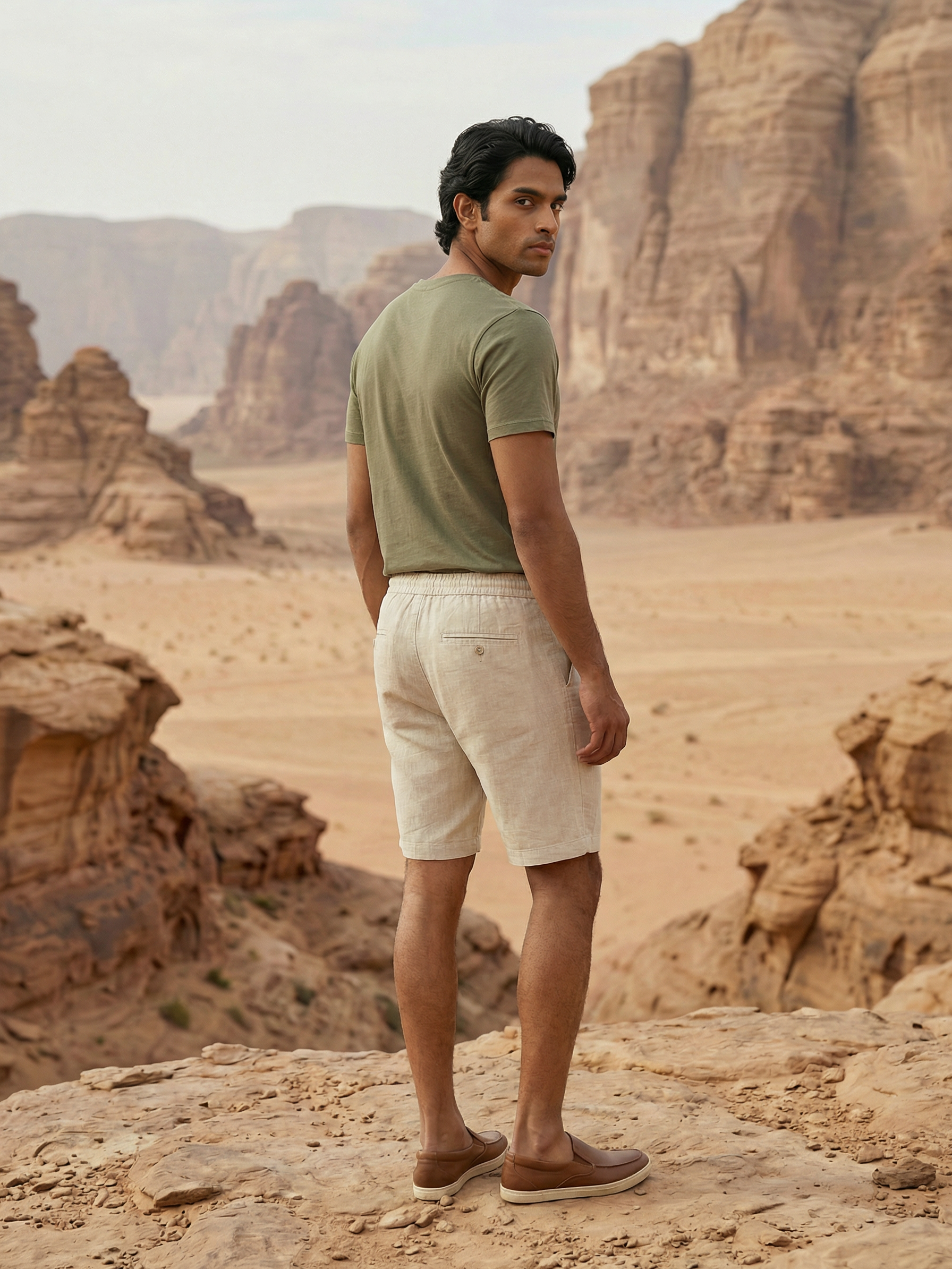 Men’s Beige Slub Weave Linen Shorts